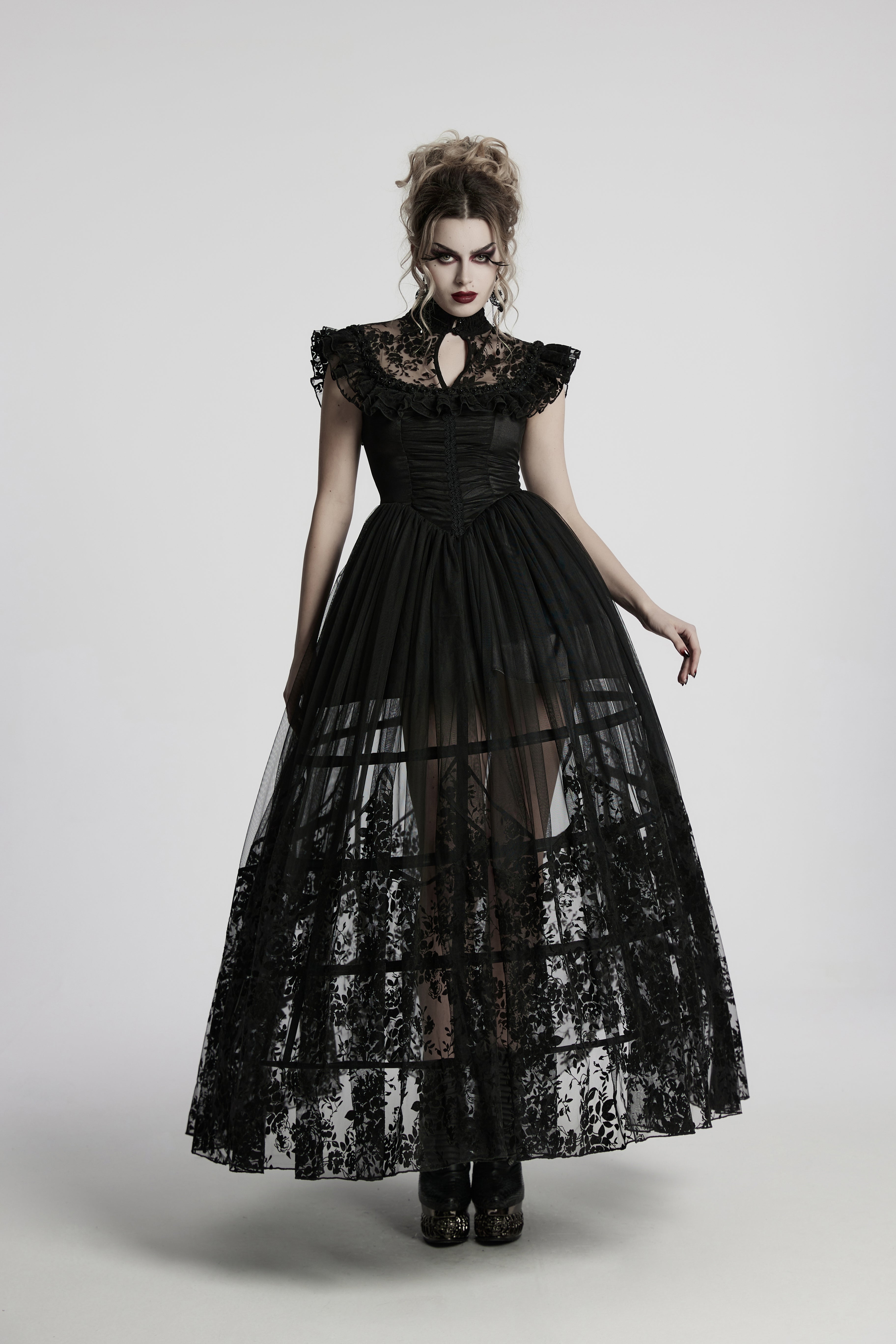 Punk Rave Seraphina Goth Dress – Velvet Floral Mesh Flying Sleeve