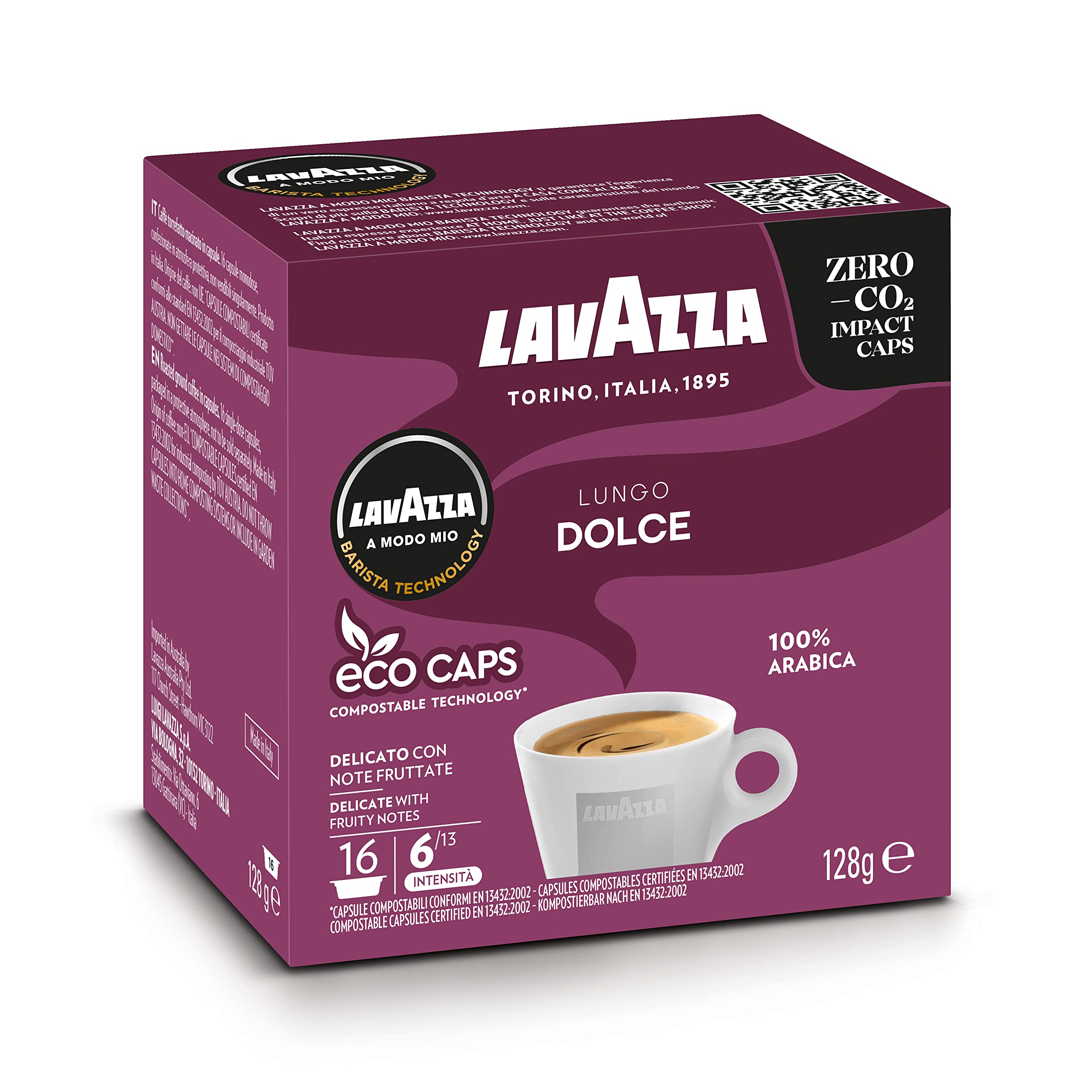 Lavazza A Modo Mio Lungo Dolce Coffee Capsules - 100% Arabica - 96 Pack