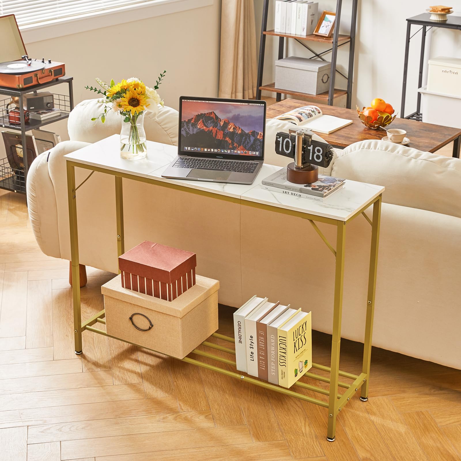 YMYNY Slim Console Table – Industrial Metal Frame Sofa Table for Entryway