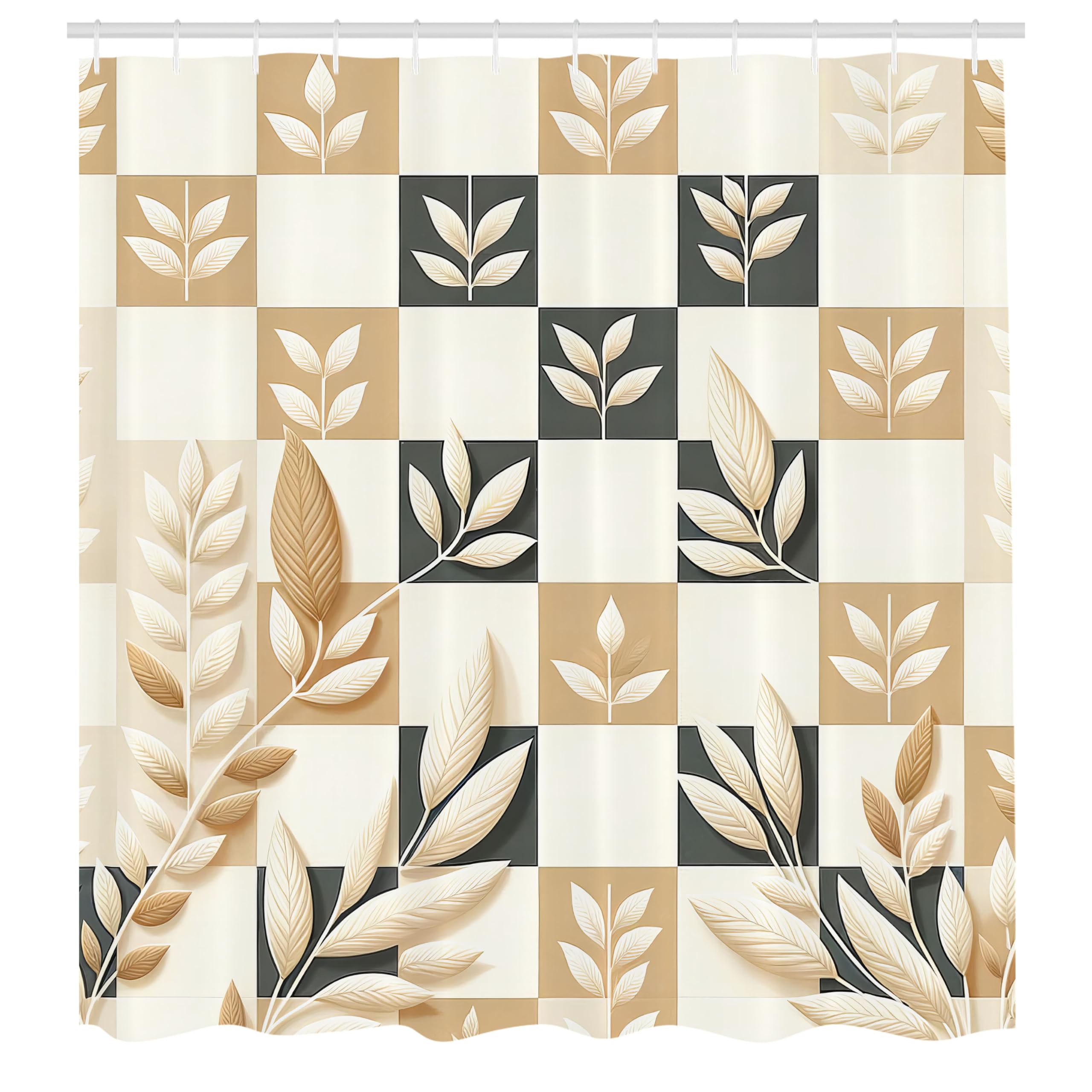 Abakuhaus Fabric Shower Curtain – Leaves on Checkered Board – 175 x 200 cm