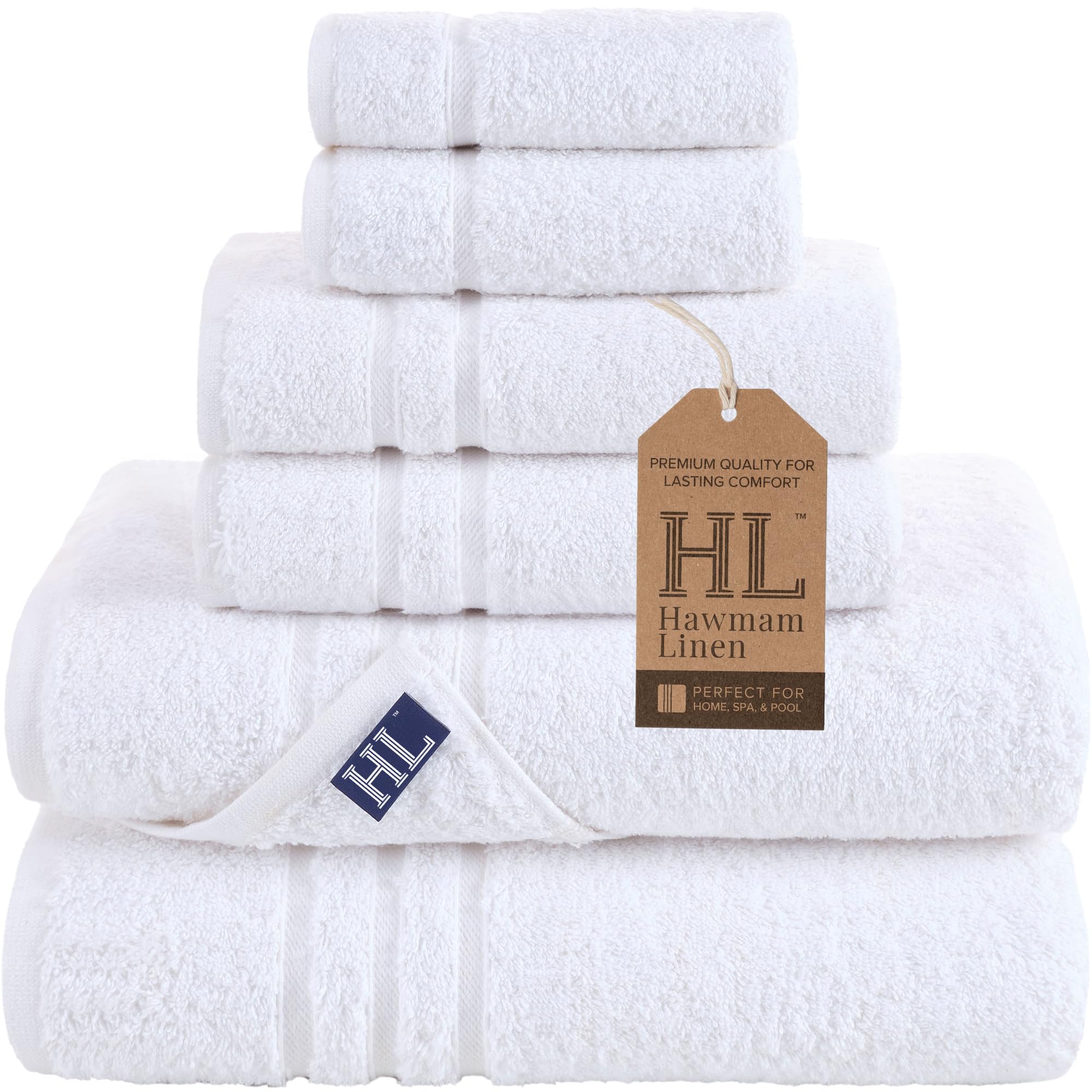 Hammam Linen Turkish Cotton Bath Towels Set | 6-Piece White Soft Towels