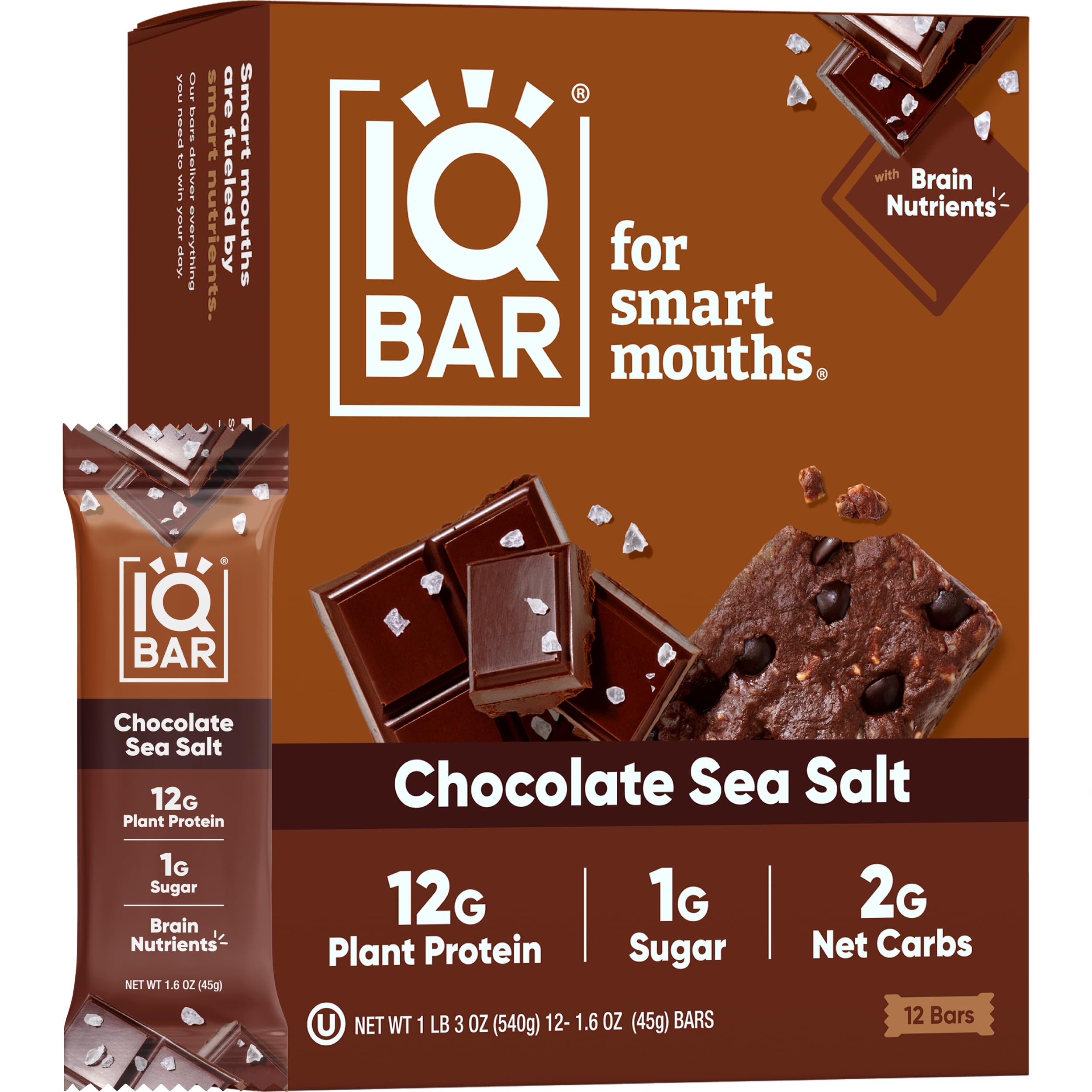 IQBAR Plant Protein Bars – Chocolate Sea Salt – 12 Count Keto Snacks