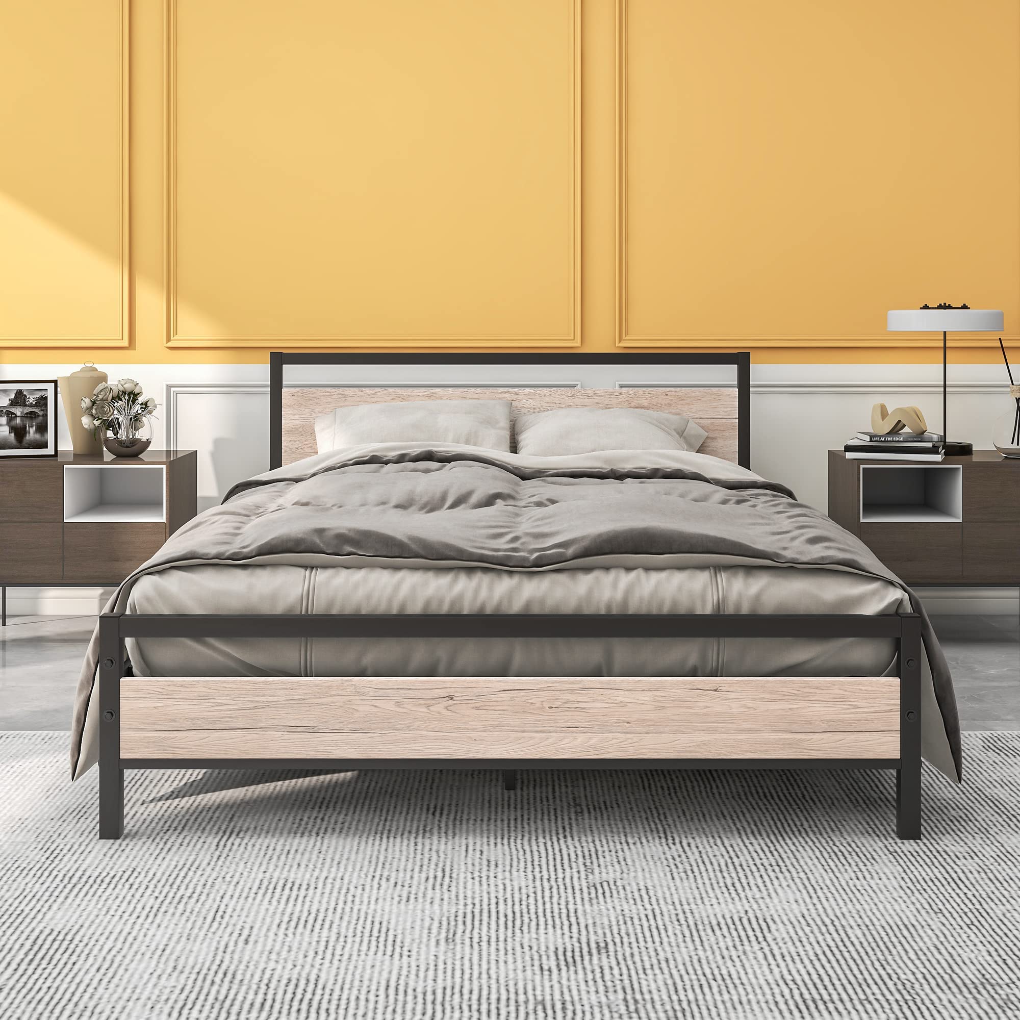 BOFENG King Size Metal Platform Bed Frame with Wood Headboard & Storage