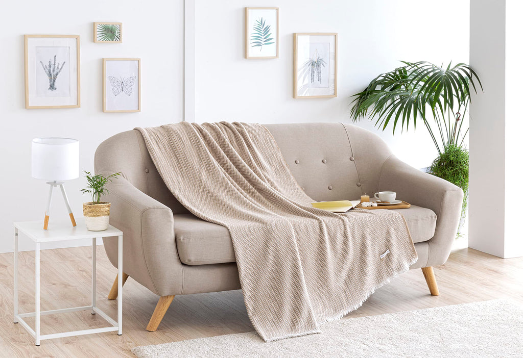 Todocama Extra Soft Cotton Blanket – Herringbone Sofa Cover, Sand Beige