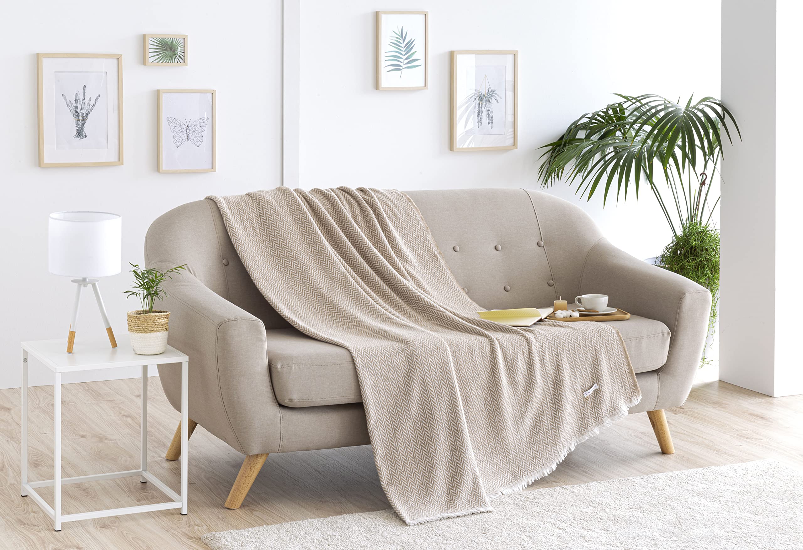 Todocama Extra Soft Cotton Blanket – Herringbone Sofa Cover, Sand Beige