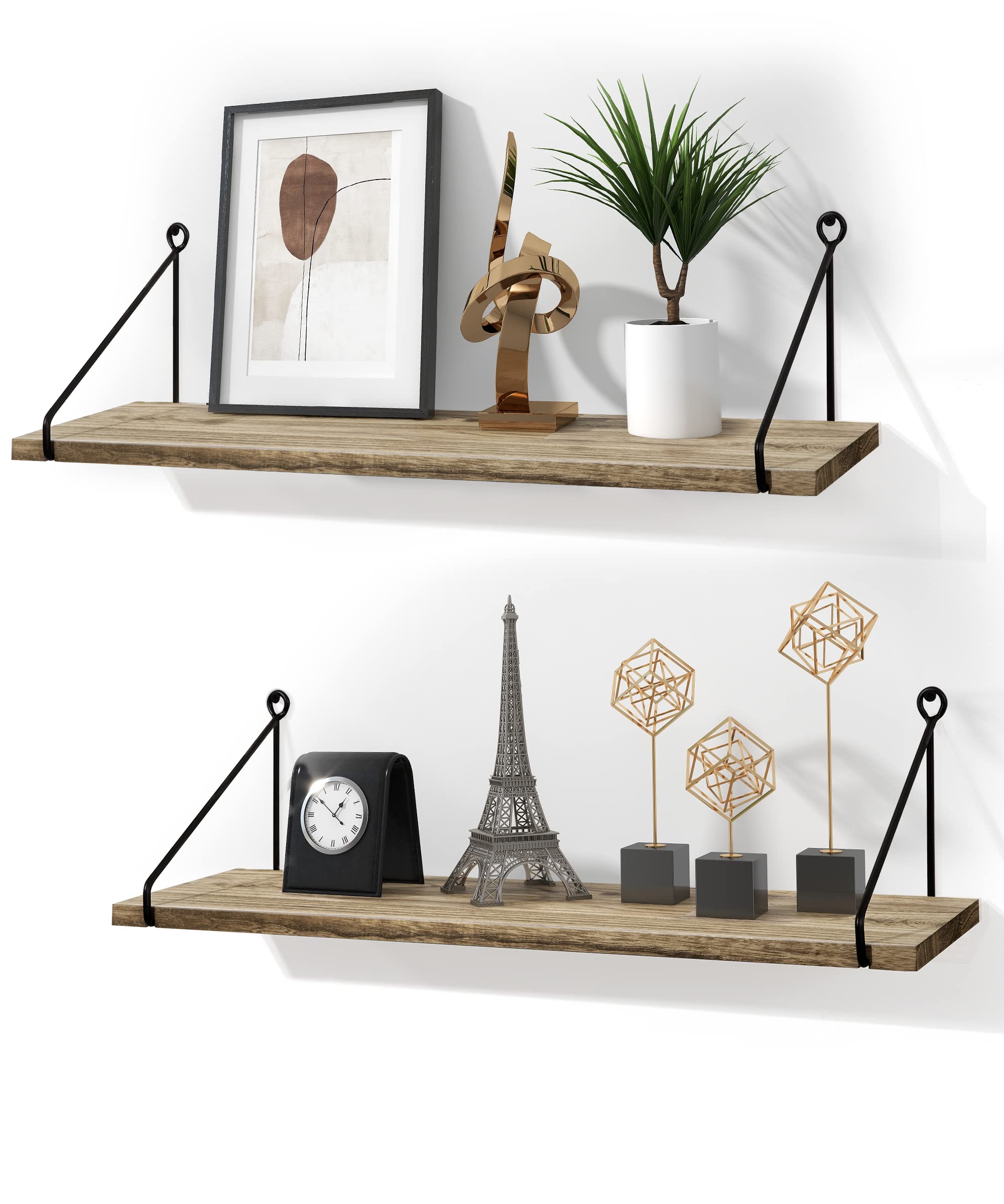 SUMGAR 60cm Rustic Wood Floating Shelves - Set of 2 Wall Storage Racks