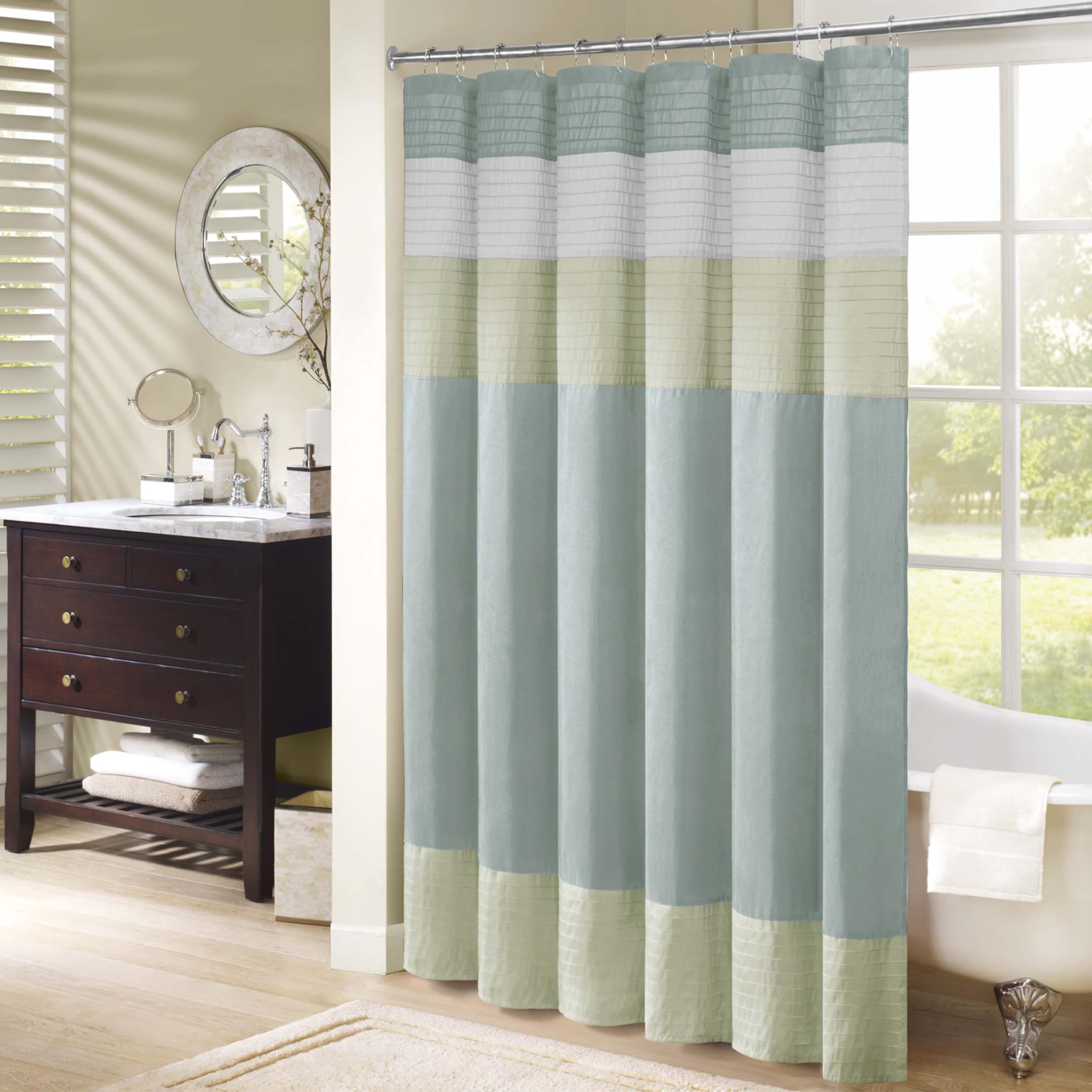 Madison Park Amherst Faux Silk Shower Curtain – Green Pleated, 72x72
