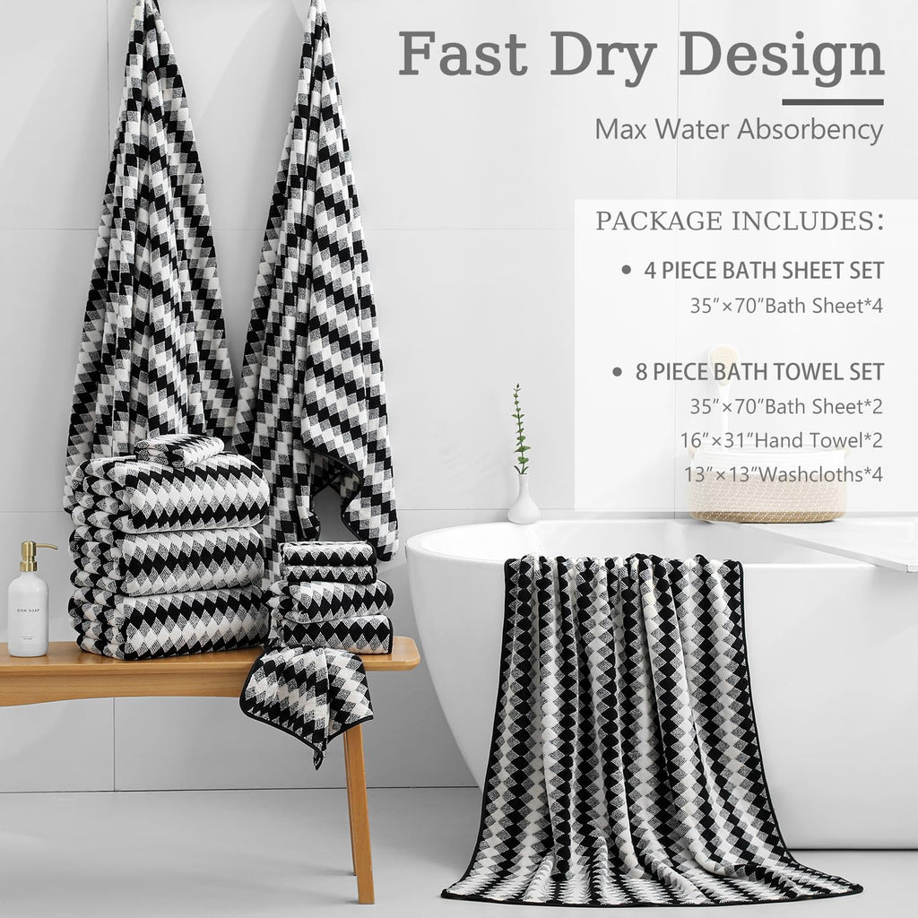 8 Piece Bathroom Towel Set Black White|2 Oversized Large Bath Towels Sheet,2 Hand Towels,4 Washcloths| 600GSM Soft Towel Set for Bathroom - image 3