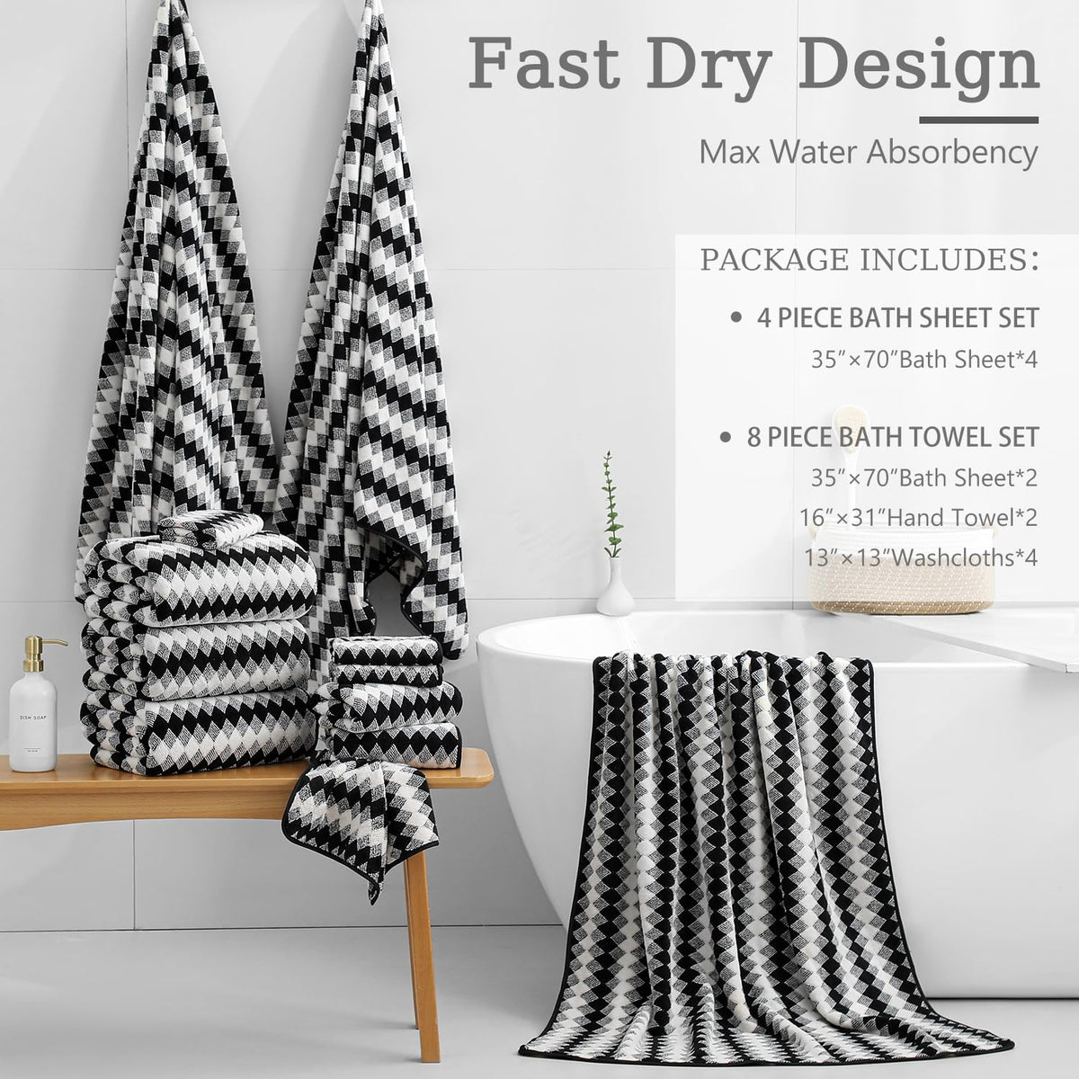 8 Piece Bathroom Towel Set Black White|2 Oversized Large Bath Towels Sheet,2 Hand Towels,4 Washcloths| 600GSM Soft Towel Set for Bathroom - image 3