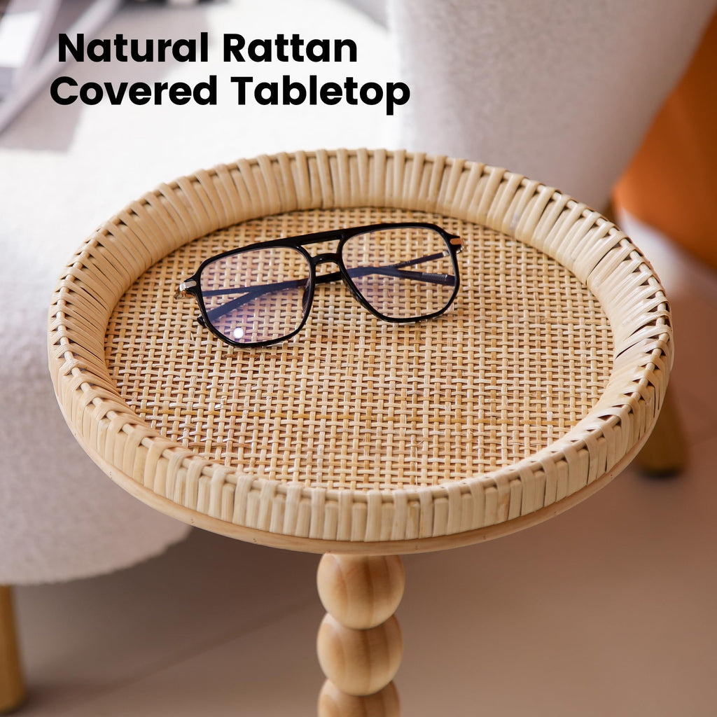 HuiDao Drink Table, Rattan Round Small Side Table for Small Spaces, Boho Circle Side Table Coffee Table with Solid Wood Leg for Living Room - image 2