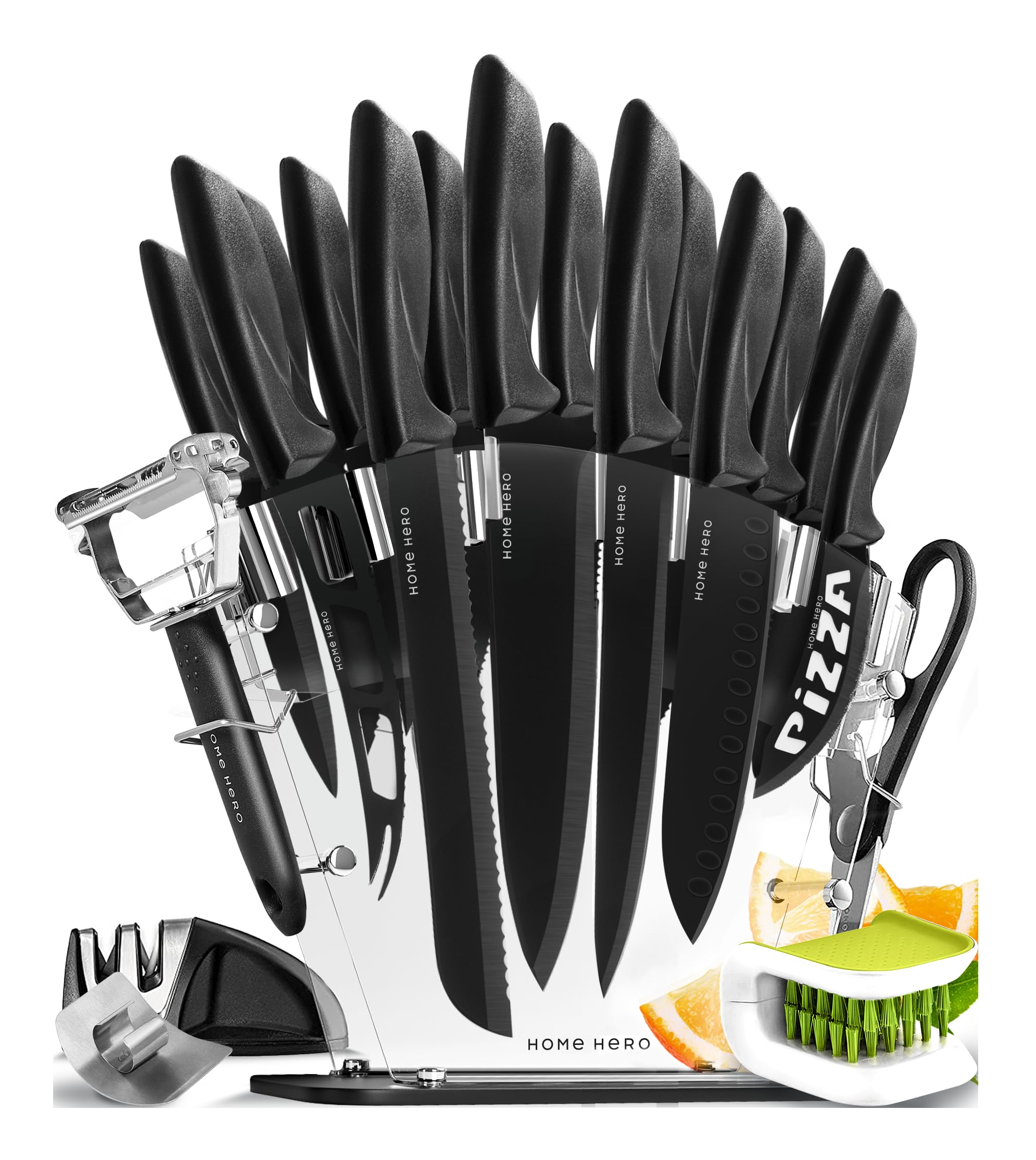 Home Hero 17-Piece Stainless Steel Kitchen Knife Set with Block – Black