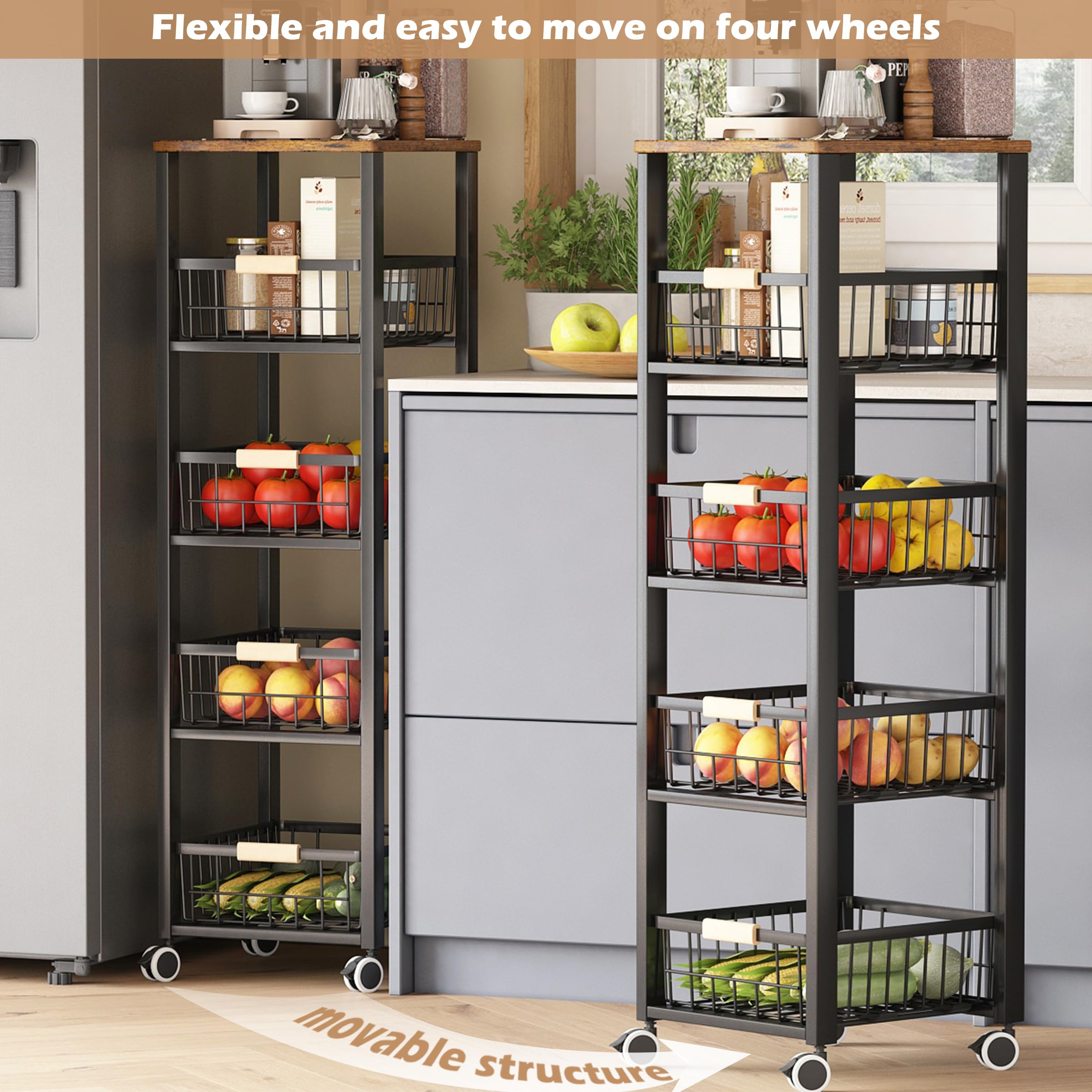 Jolof Store 5-Tier Kitchen Storage Trolley – Rolling Vegetable Rack, Black