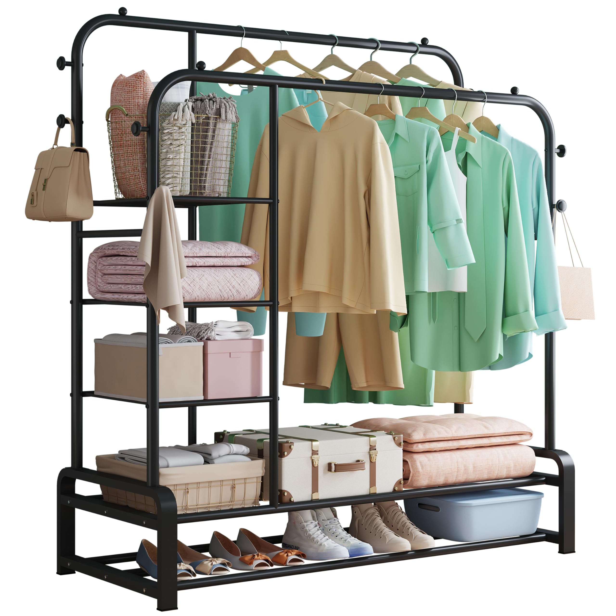 SMILOVII Heavy Duty Clothes Rail | Double Metal Clothing Rack with Shelves