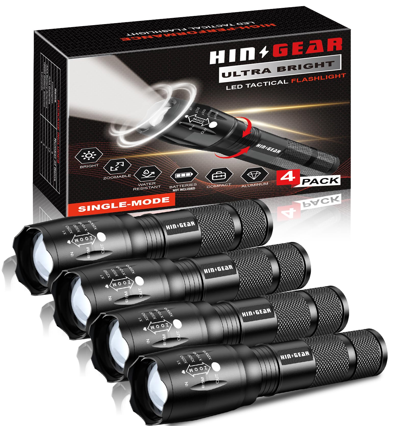 HinsGEAR LED Tactical Torch | 2000 Lumens Zoomable Flashlight | 4 Pack
