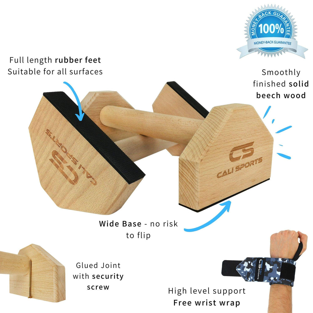 CALI SPORTS Wood Parallettes - Small Beech Push Up Bars with Wrist Wraps