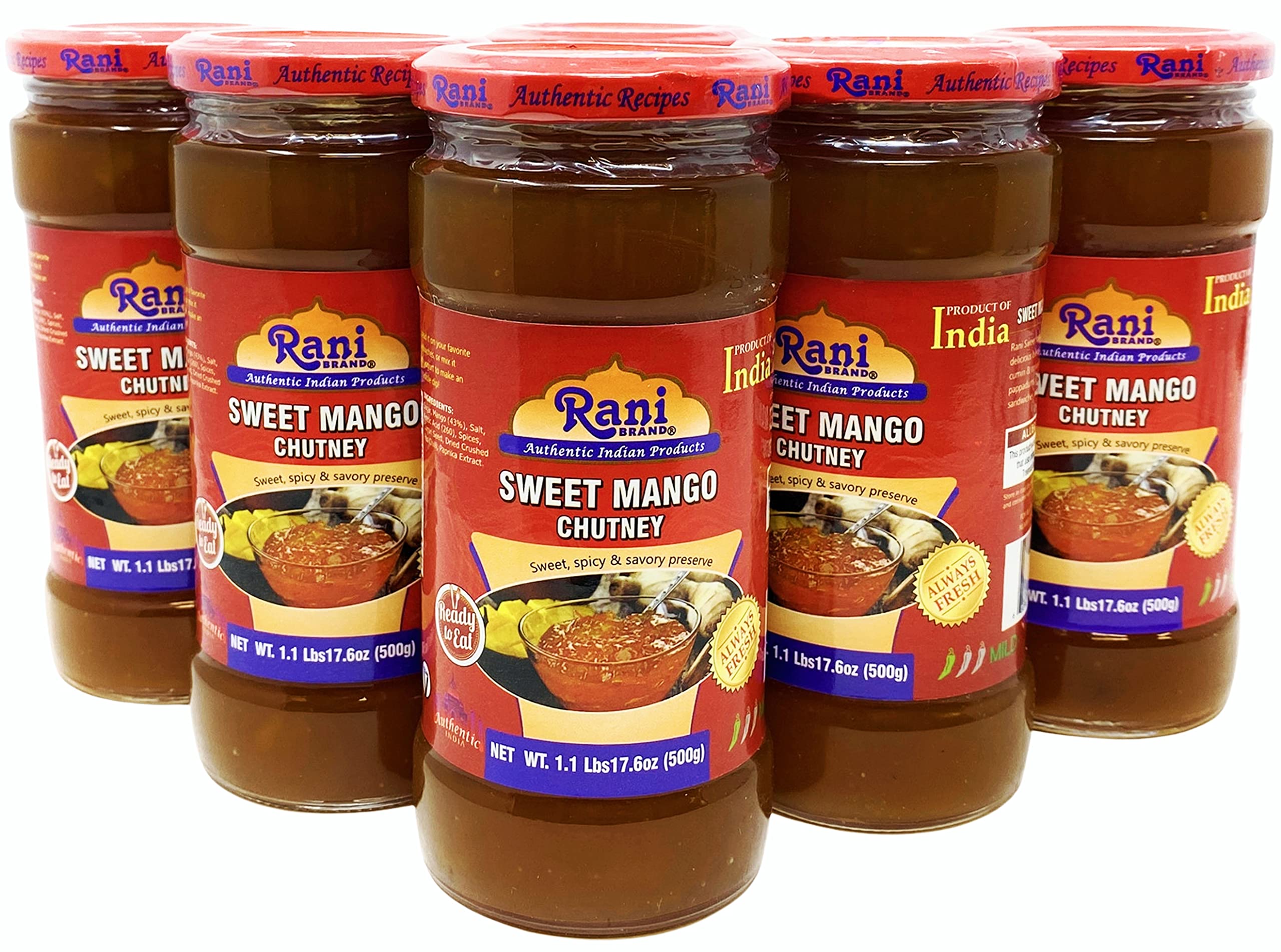 Rani Sweet Mango Chutney - Vegan Indian Preserve, 17.6oz Glass Jar (6 Pack)