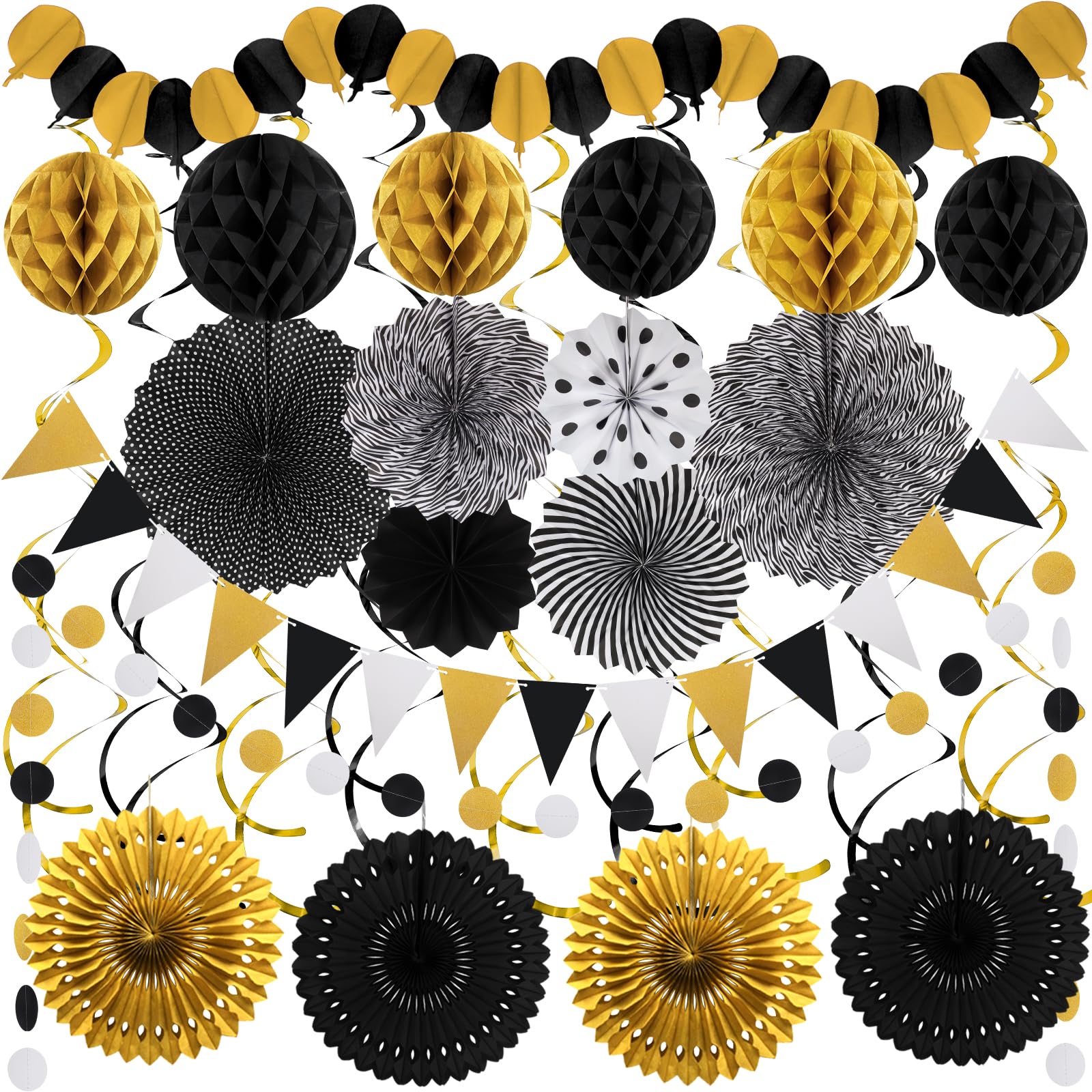 ZERODECO Black and Gold Party Decorations Kit – Honeycomb Fans & Garlands