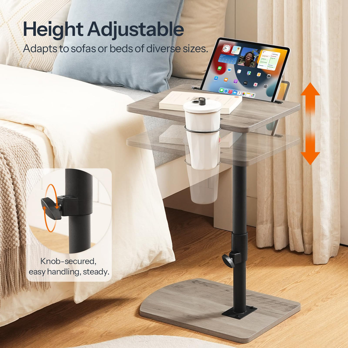 HOOBRO C Shaped Side Table, Height Adjustable Bedside Table, 360° Rotating Sofa Table Laptop Tables with Detachable Cup Holder and Tablet Slot - image 4