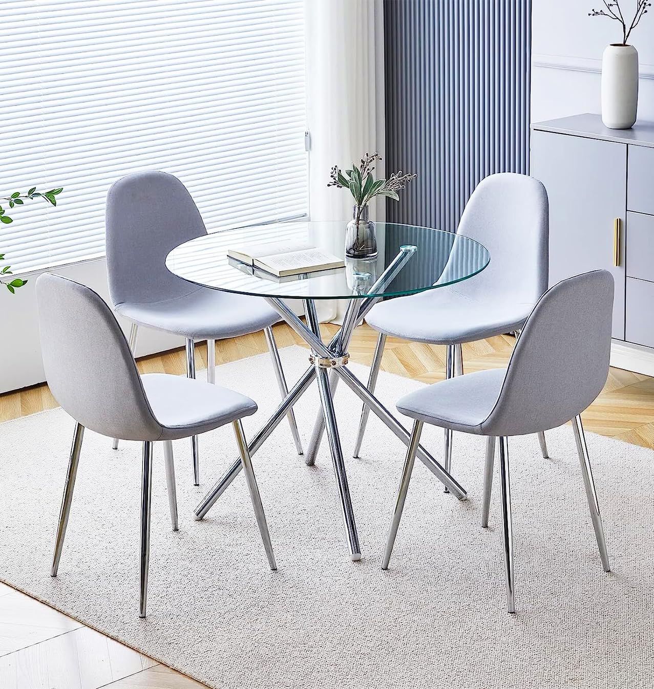 Hallowood Cullompton Round Glass Dining Table and 4 Grey Fabric Chairs