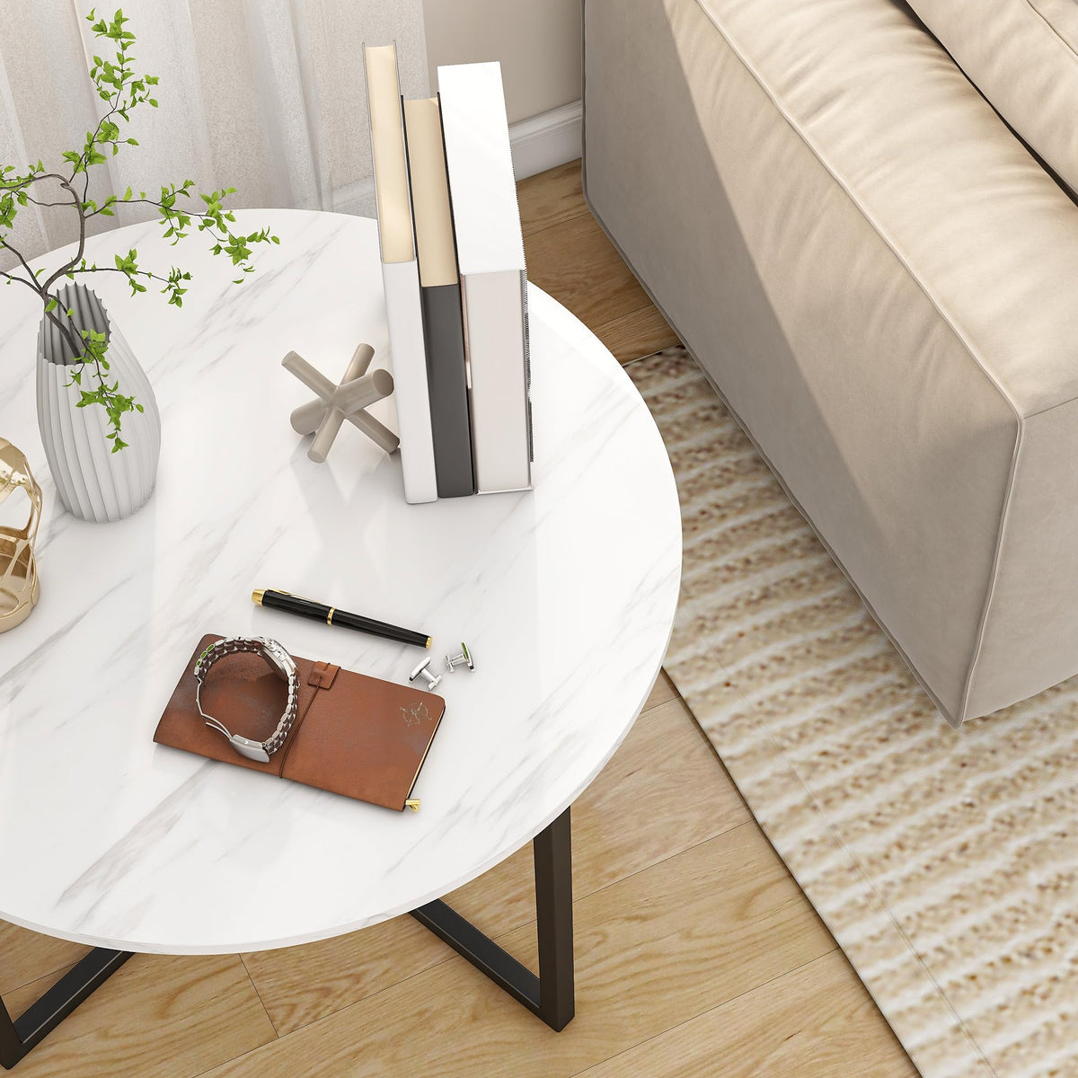 BOFENG Round Coffee Table Tea Table End Table Sofa Table for Living Room with Metal Legs,Black+White - image 3