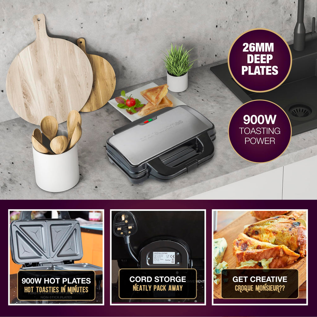 Andrew James Deep Fill Sandwich Maker | 4 Slice Non-Stick 900W Grill