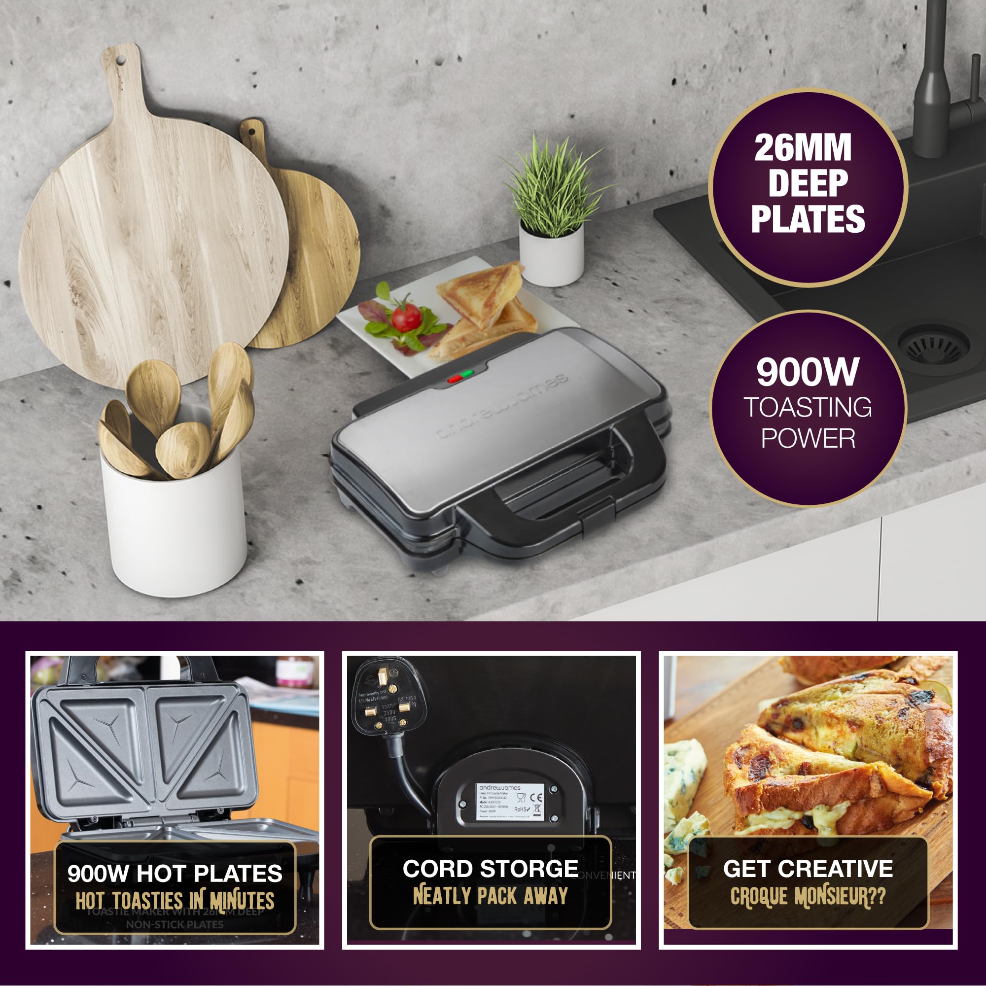 Andrew James Deep Fill Sandwich Maker | 4 Slice Non-Stick 900W Grill