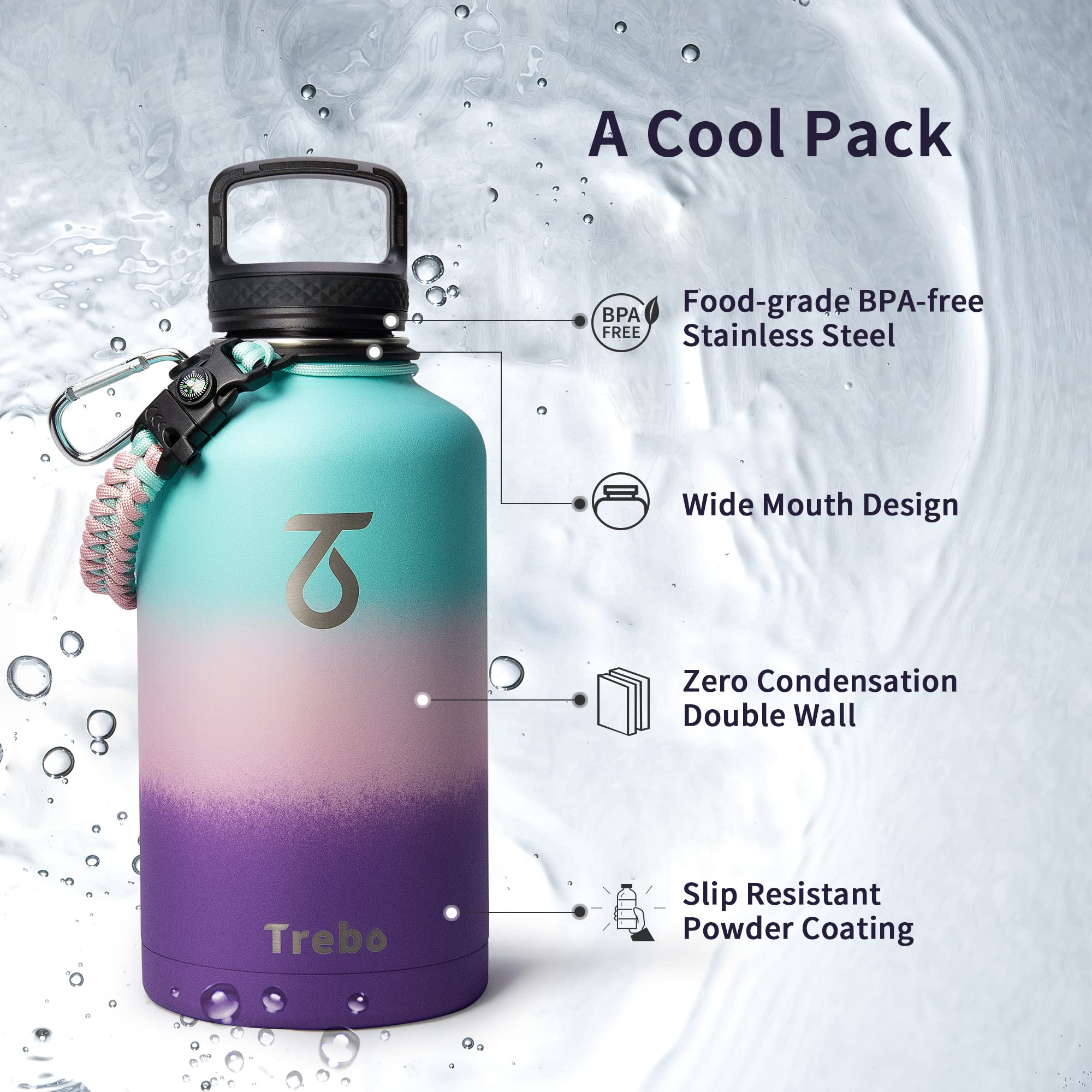 Trebo 2L Insulated Stainless Steel Water Bottle with Paracord Handle