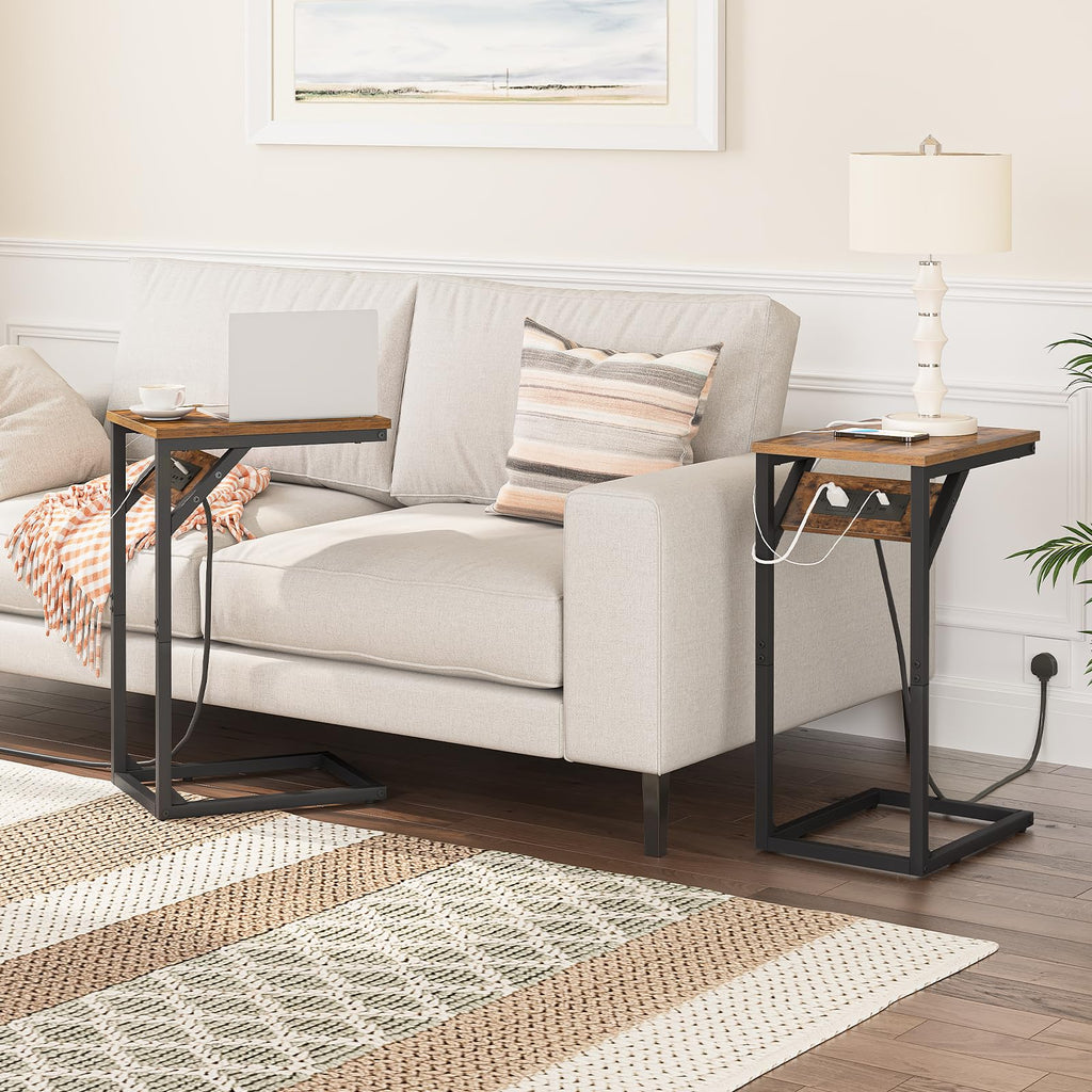 HOOBRO C Shaped Side Table with Charging Station - Rustic Brown & Black