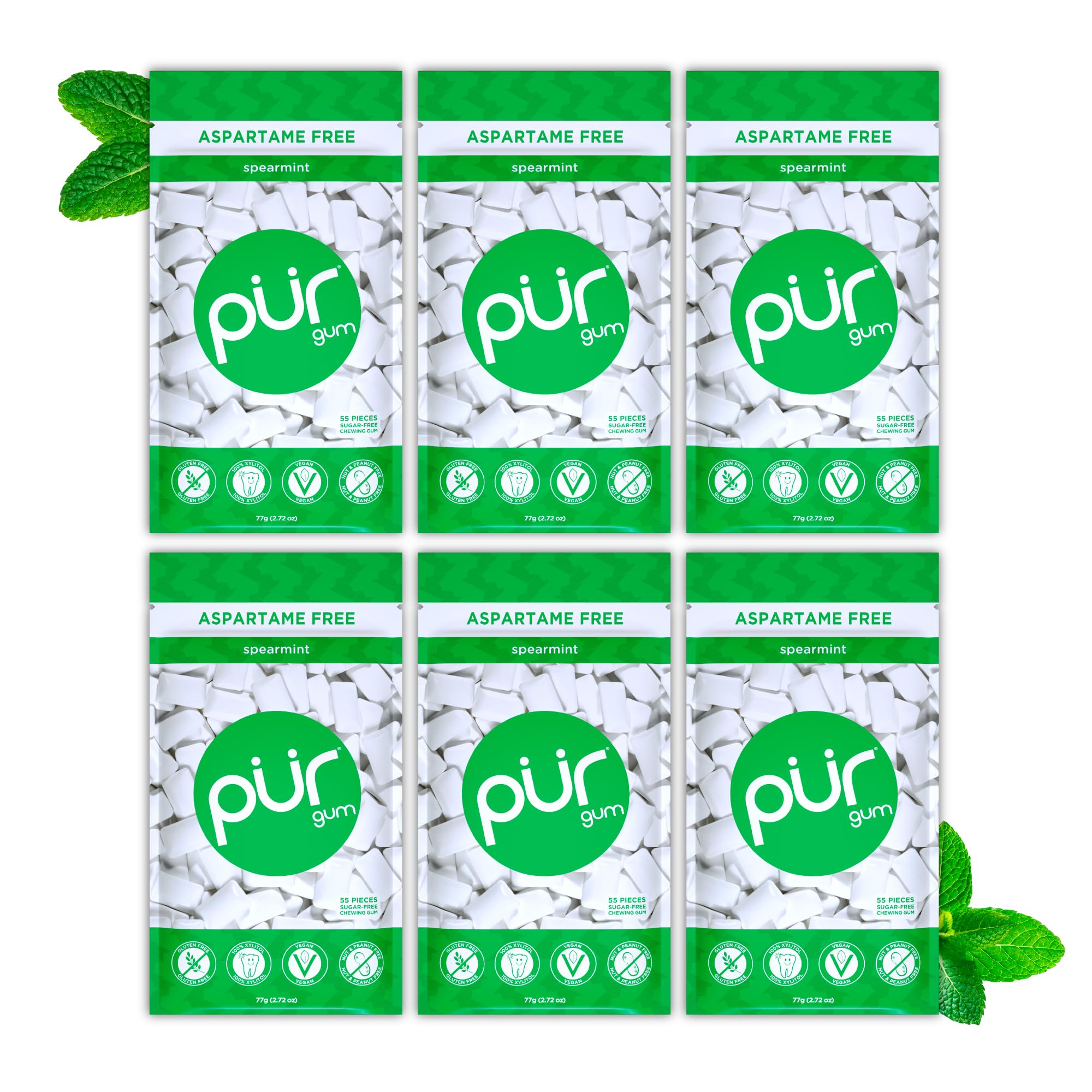 PUR Spearmint Sugar Free Chewing Gum | Xylitol Sweetened Vegan Gum, 55ct