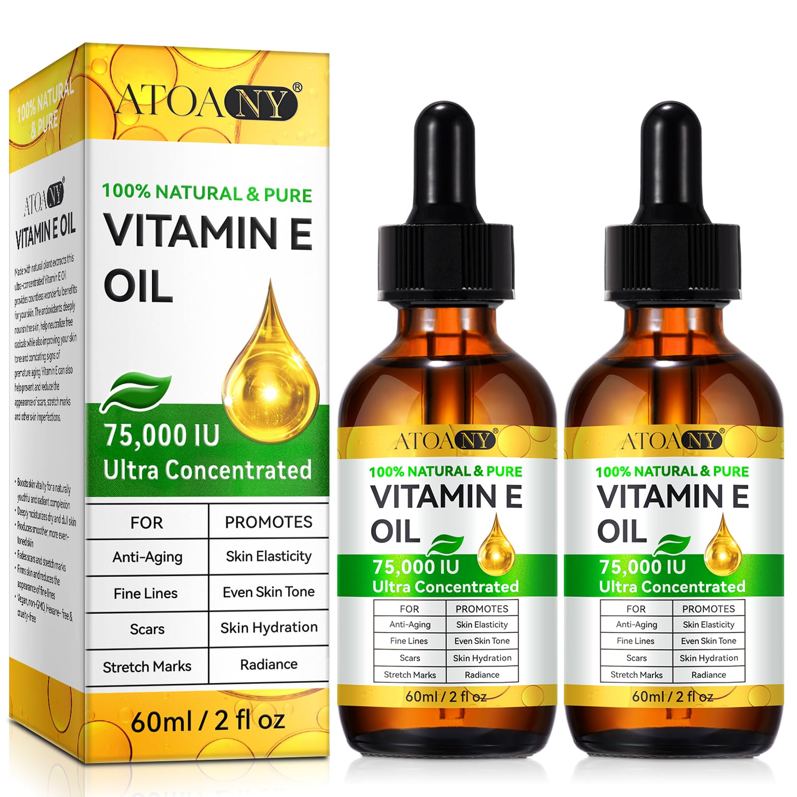 Vitamin E Oil 75,000 IU - 100% Organic for Scars & Face, 2 Pack