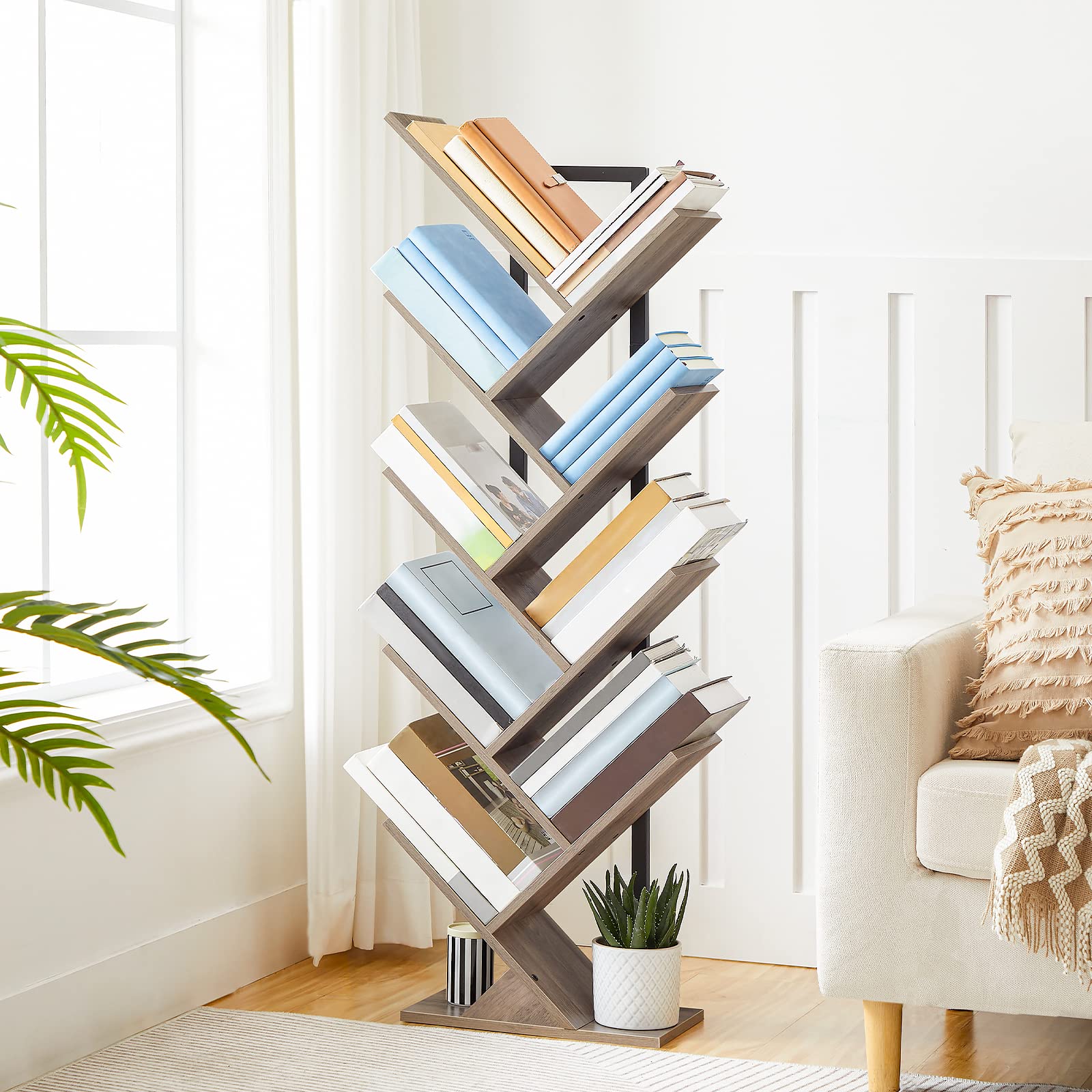 HOOBRO 9-Tier Tree Bookshelf – Industrial Floor Standing Tall Bookcase