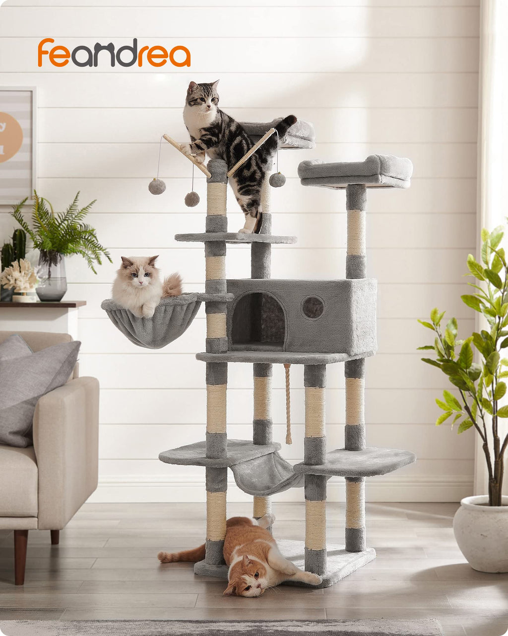 FEANDREA XXL Cat Tree Condo | 164 cm Multi-Level Tower - Light Grey