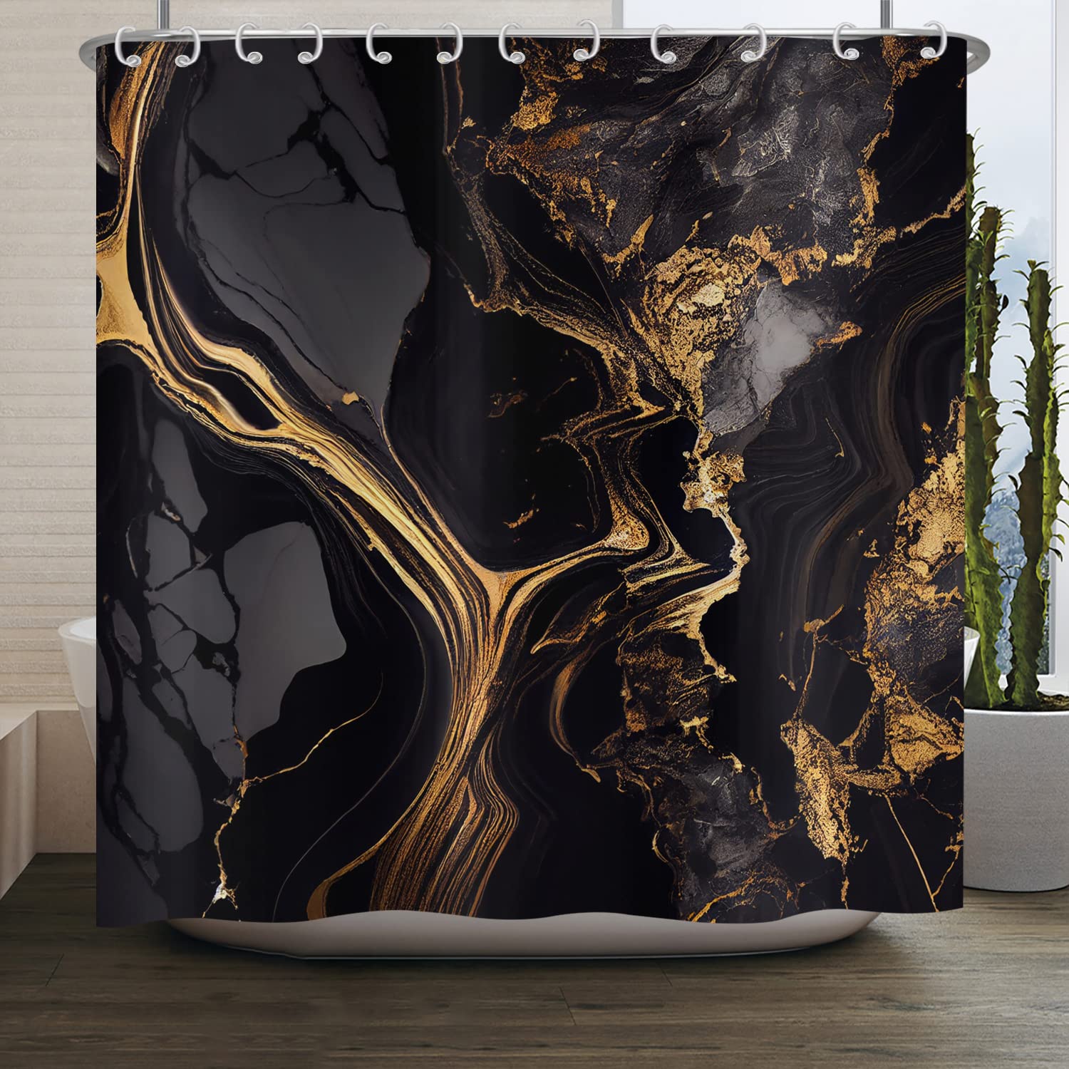 ASDCXZ Marble Shower Curtain - Black & Gold Abstract Polyester, 180x180cm