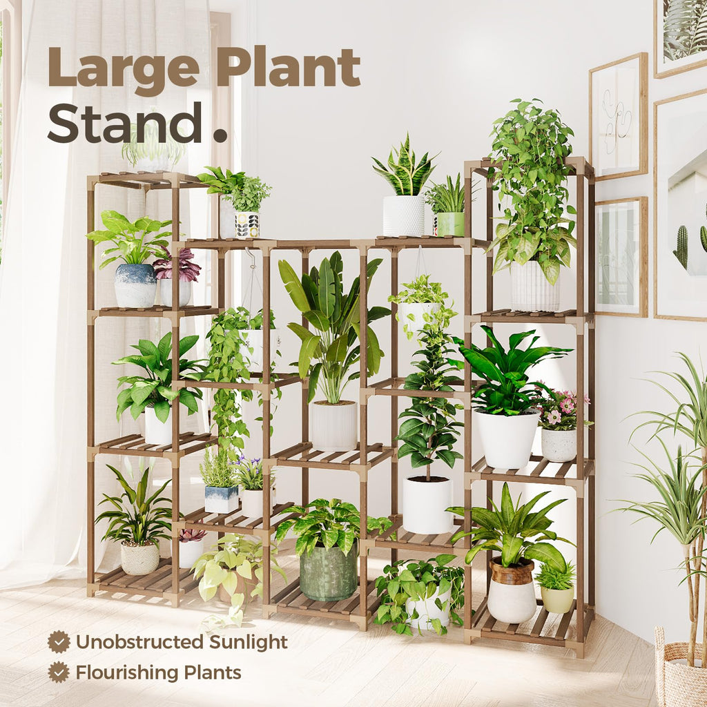 Bamworld 12-Pot Wooden Plant Stand – Large Indoor Outdoor Flower Shelf