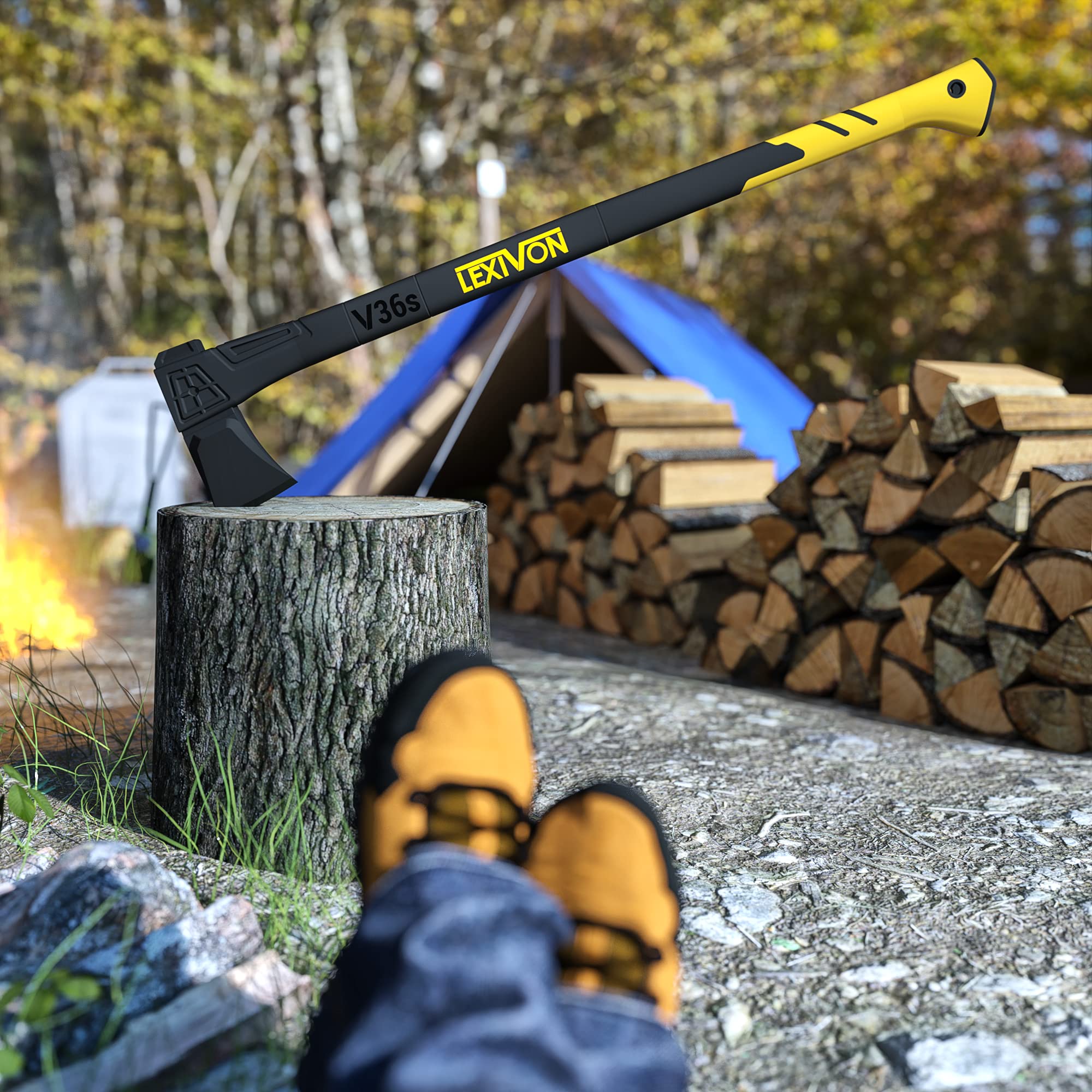 LEXIVON 36" Camping Axe | Carbon Steel Wood Splitting Hatchet with TPR Grip