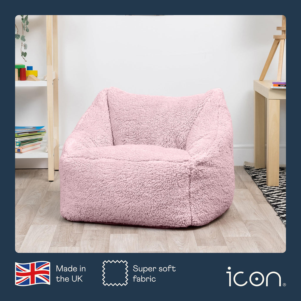 icon Kids Teddy Fleece Bean Bag Chair | Pink Fluffy Armchair with Filling