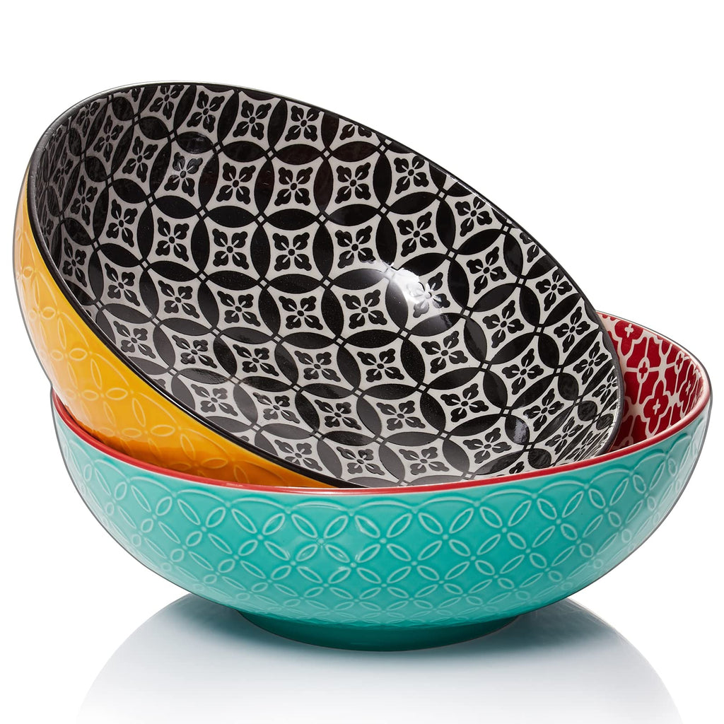DOWAN Large Ceramic Salad Bowls – 24cm Geometric Pasta Serving Dishes, Set of 2