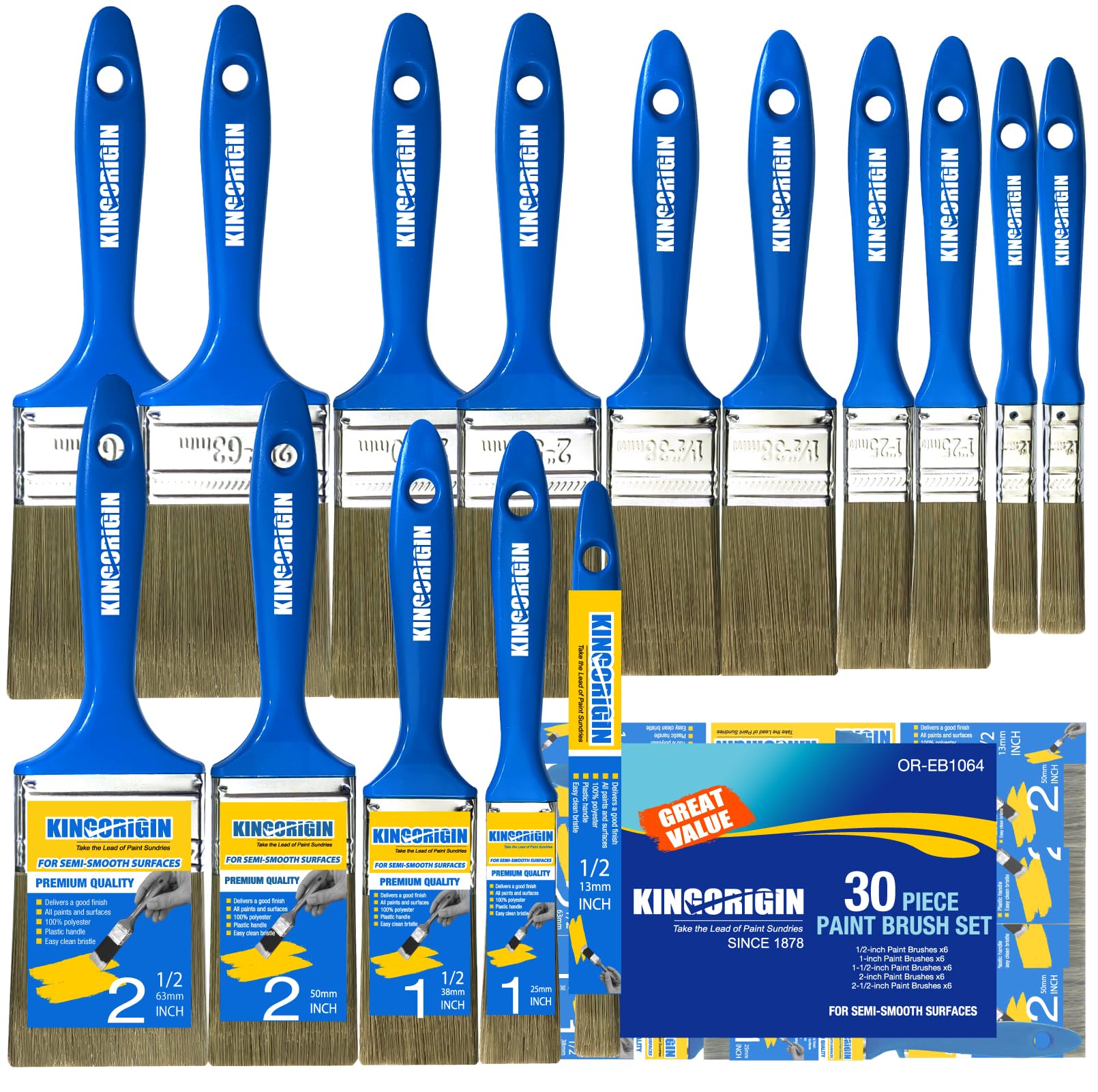 KingOrigin Paint Brush Set - 30 Pack, 5 Sizes for Walls and Crafts