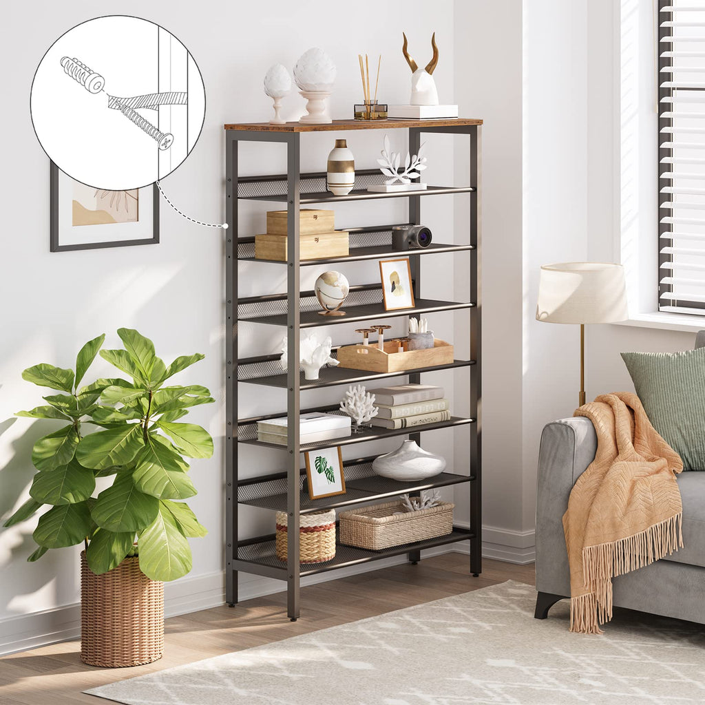 HOOBRO 8-Tier Shoe Rack – Large Metal Storage Shelf for 28 Pairs, Brown