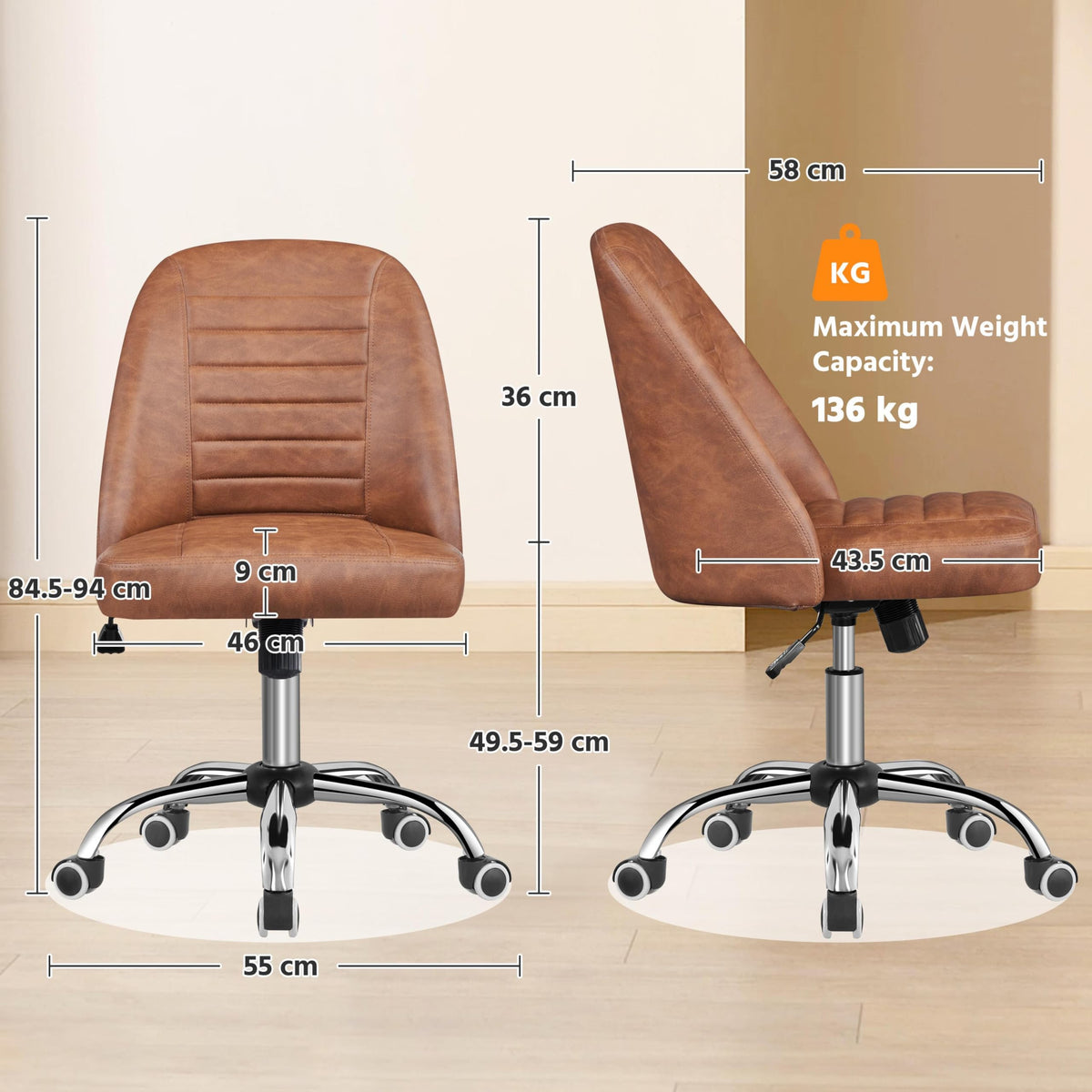 Yaheetech Armless Faux Leather Office Chair Swivel Back Support Retro Brown - image 3