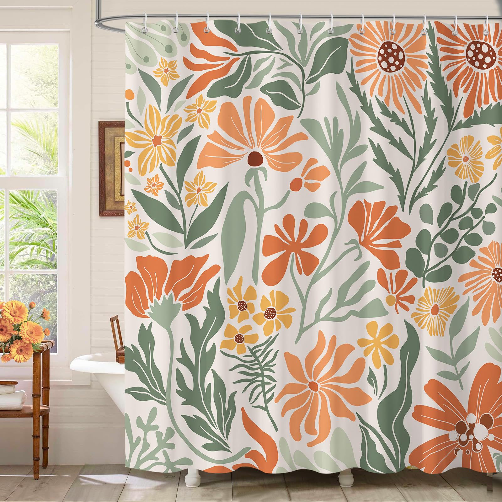 Dazzlewall Boho Floral Shower Curtain – Retro Mid Century Waterproof Fabric