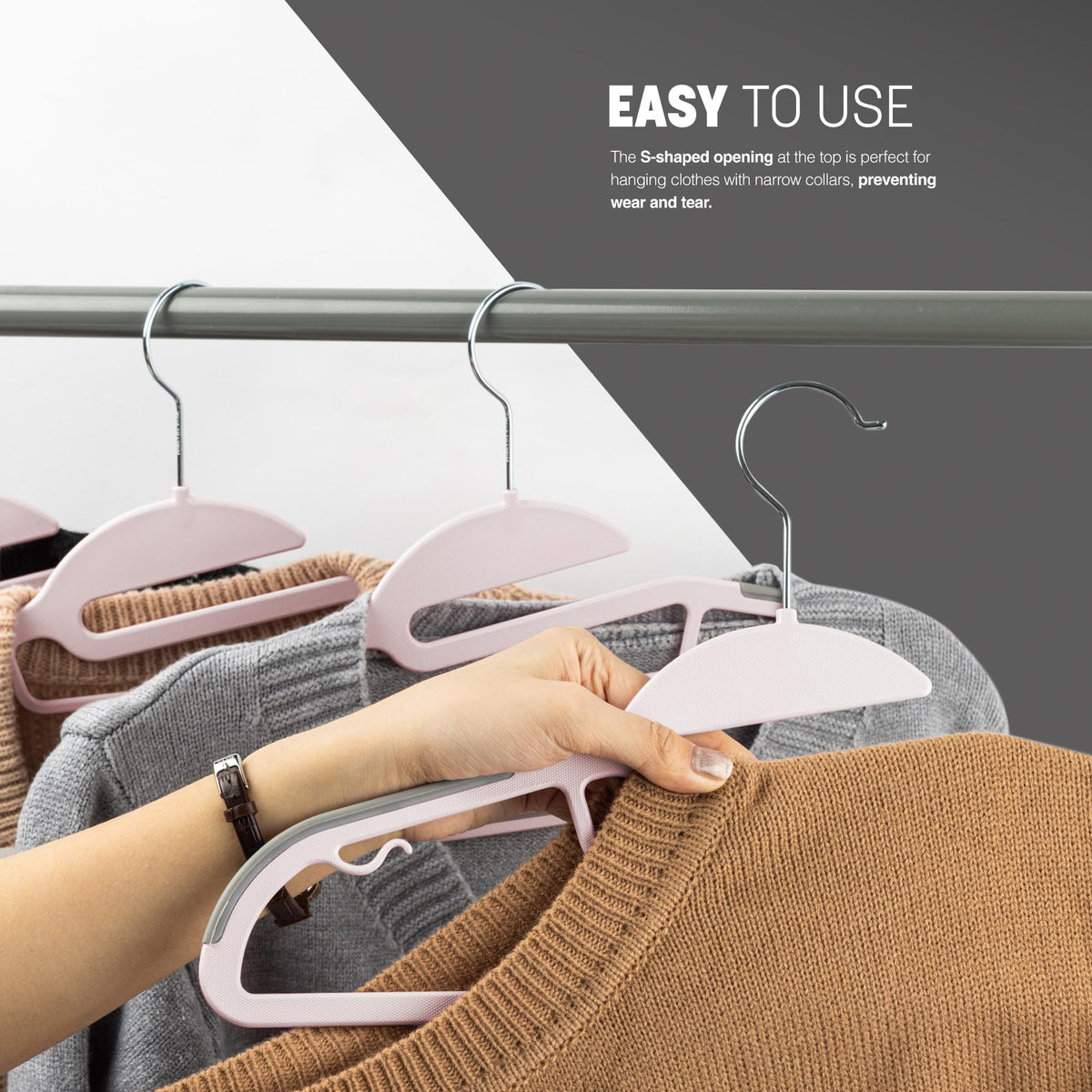 KEPLIN 20-Pack Non-Slip Hangers, Durable, Slimline Design for Space Saving with 360° Swivel, Tie Organiser, Strap Hooks, and S-Shape Opening Blush