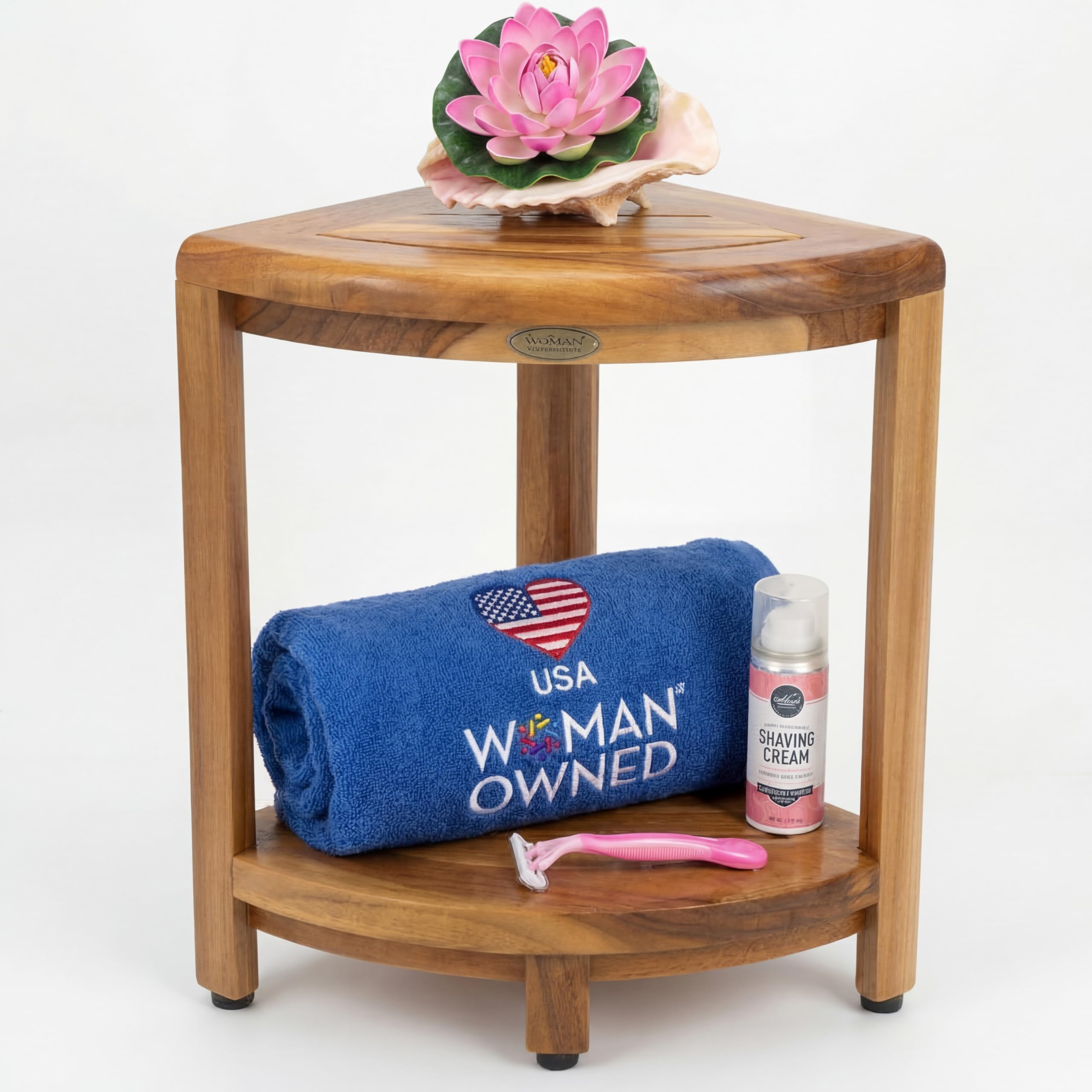 EcoDecors SnazzyCorner Teak Wood Corner Shower Bench with Storage Shelf