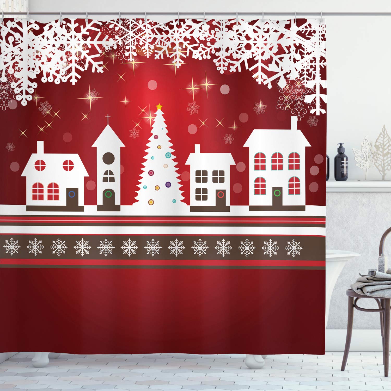 ABAKUHAUS Christmas Shower Curtain – Winter Gingerbread House Fabric Decor