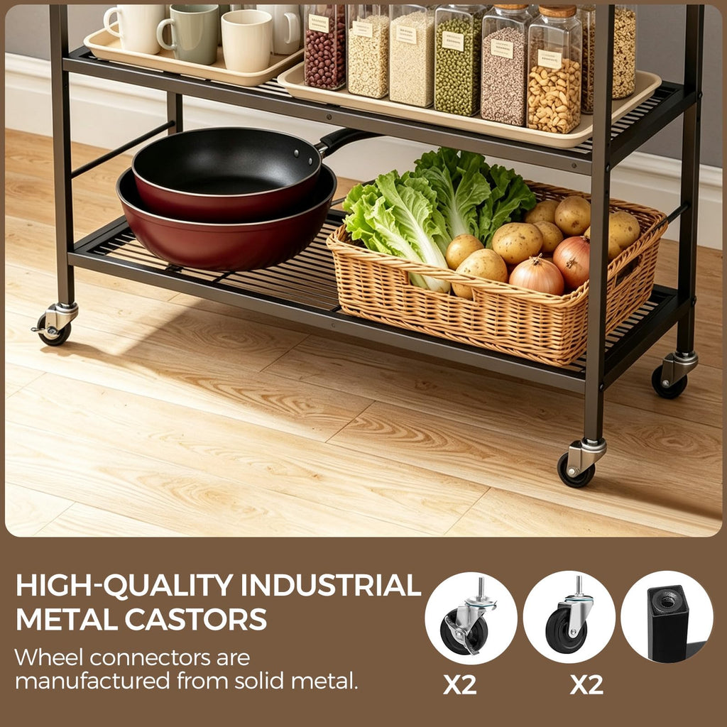 3-Tier kitchen trolley,Brown Wood Top,80W×30Dcm,4 Hooks, Adjustable Shelves - image 4