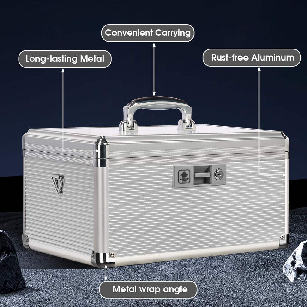 ZORVIDSON Medicine Lock Box with Key – Extra Large Silver Storage Case