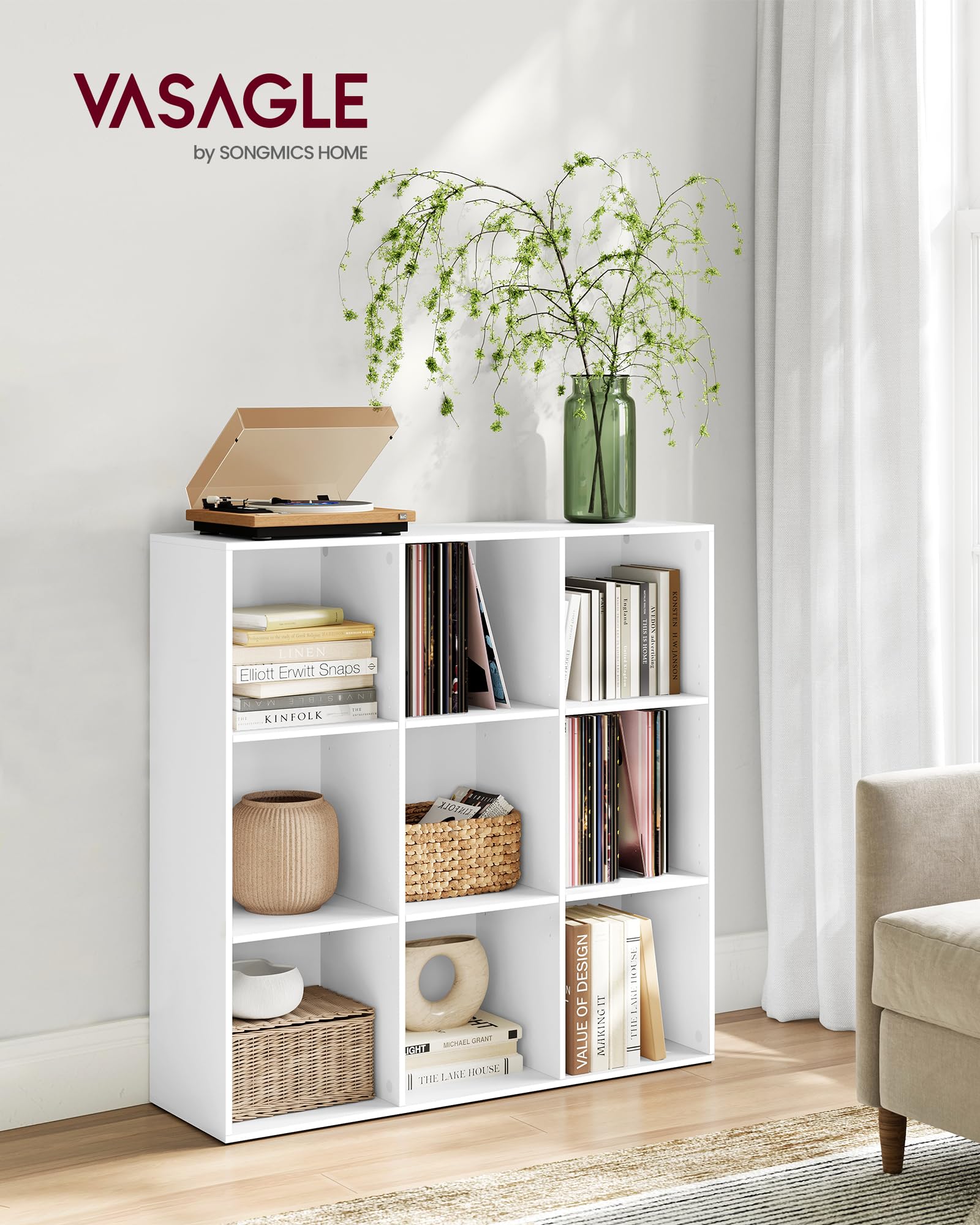 VASAGLE 9-Cube Bookcase – Modern Storage Shelf for Home Office, Cloud White