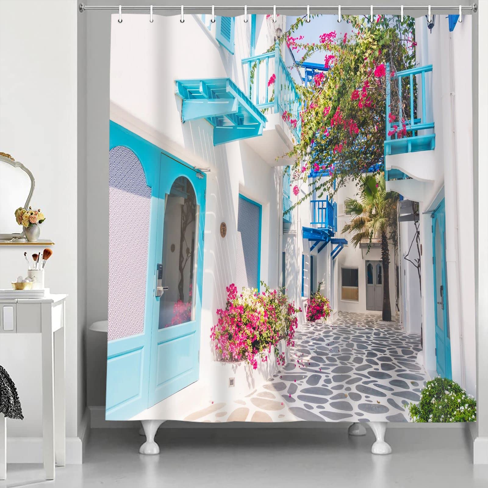 Abaysto Mykonos Island Shower Curtain | Waterproof Fabric Decor