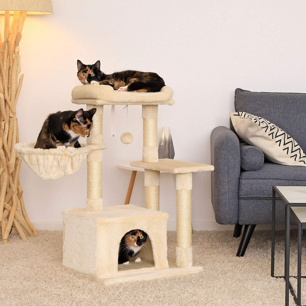 lionto Cat Scratching Post with Cave & Lounger - 85cm Sisal Cat Tree, Beige