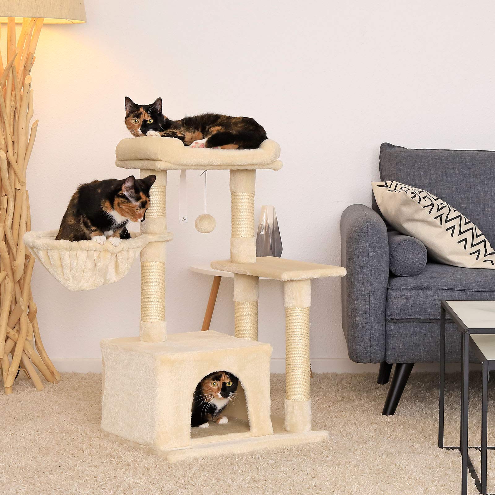 lionto Cat Scratching Post with Cave & Lounger - 85cm Sisal Cat Tree, Beige